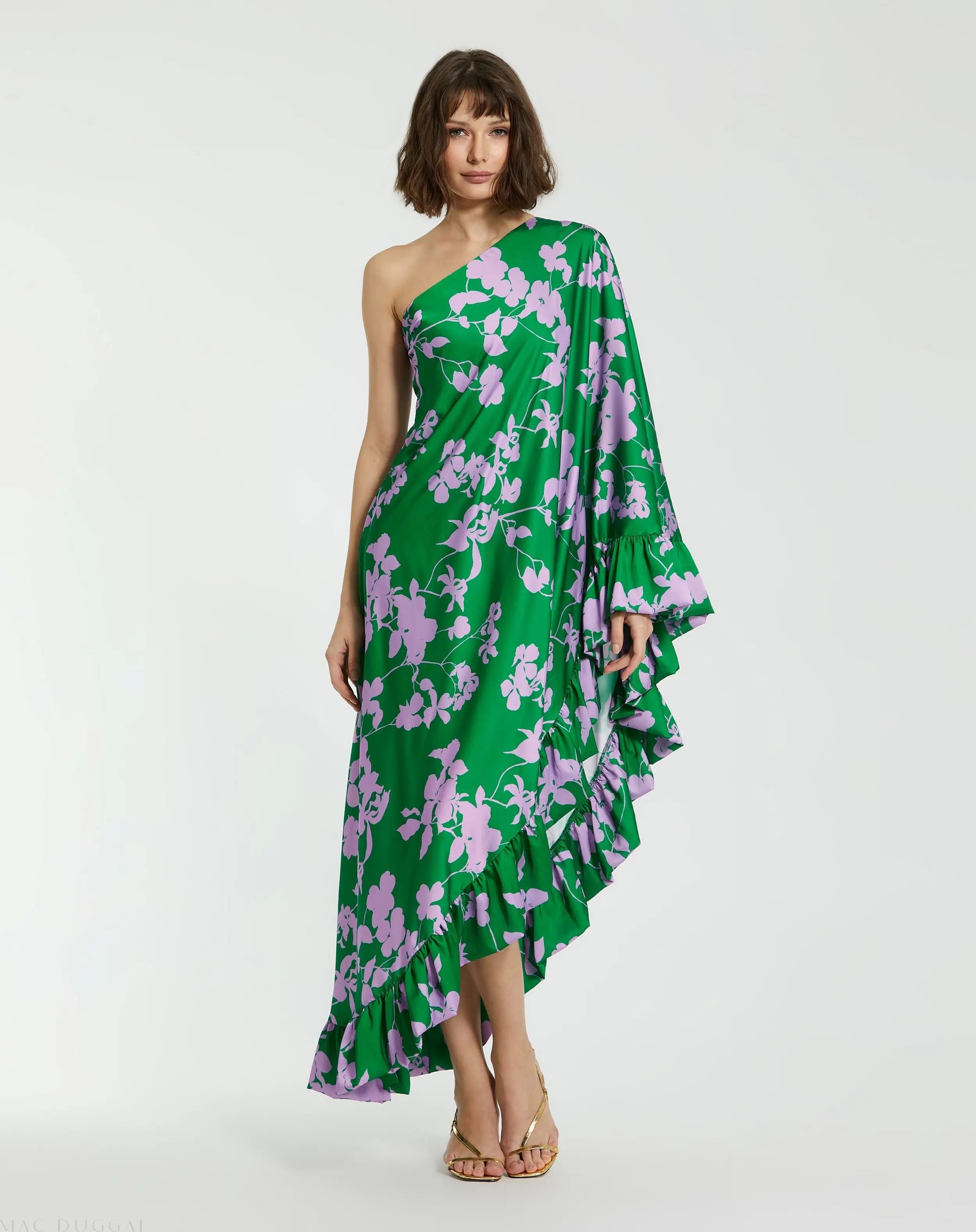 Green Printed Charmeuse One Shoulder Draped Gown - Mac Duggal