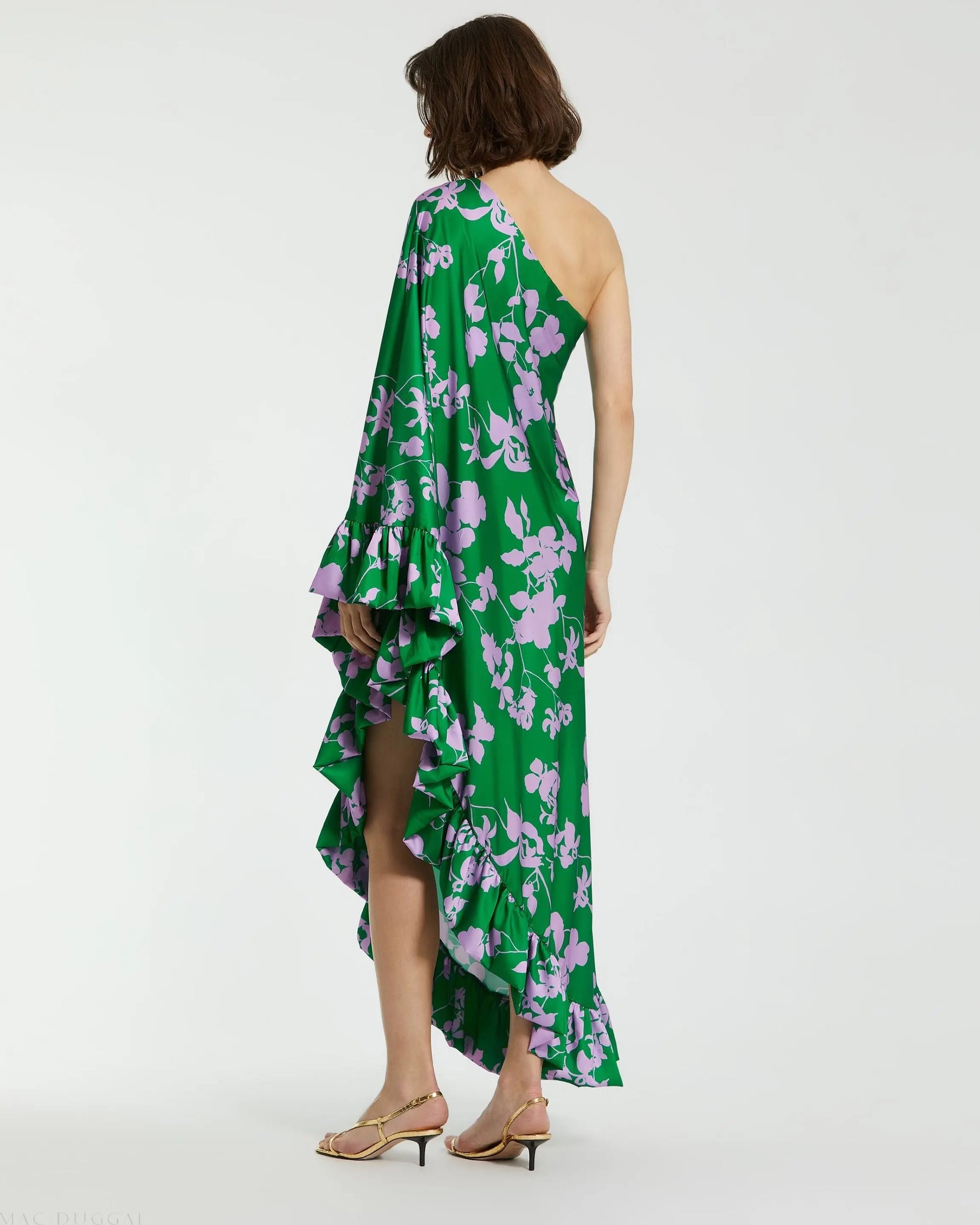 Green Printed Charmeuse One Shoulder Draped Gown - Mac Duggal