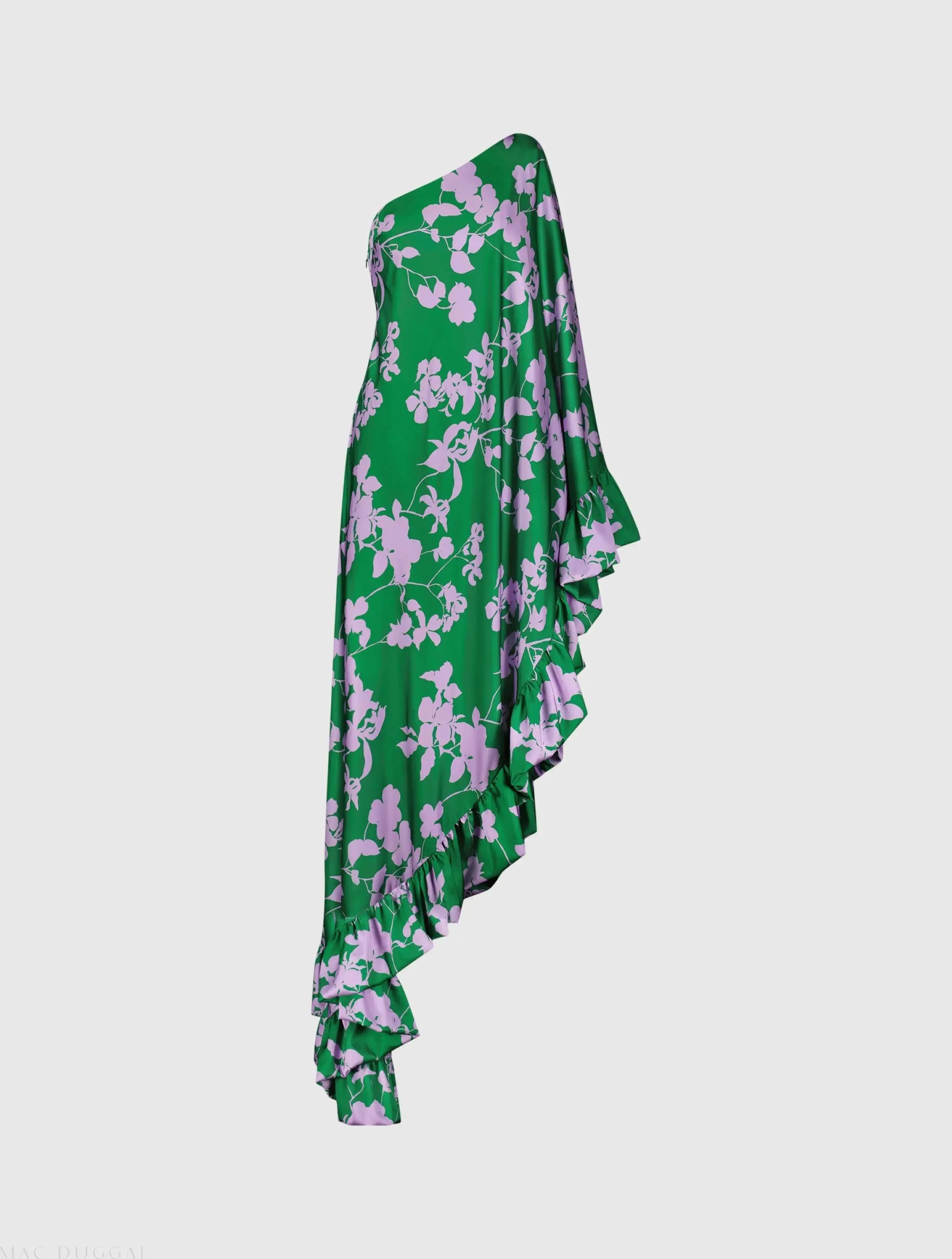 Green Printed Charmeuse One Shoulder Draped Gown - Mac Duggal