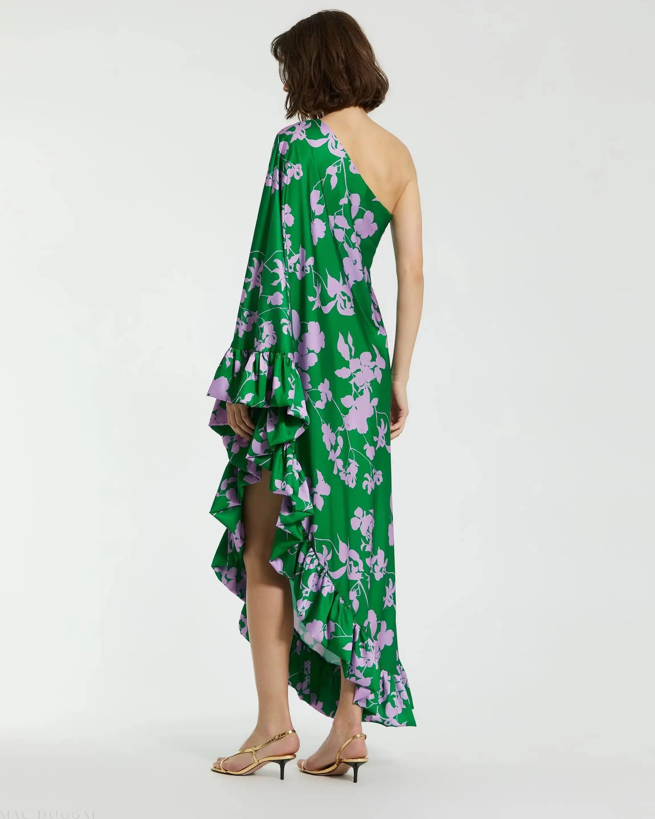 Green Floral One Shoulder Ruffle Gown - Mac Duggal