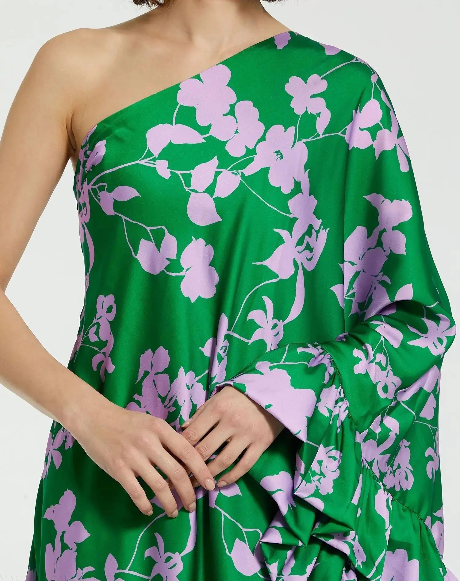 Green Floral One Shoulder Ruffle Gown - Mac Duggal