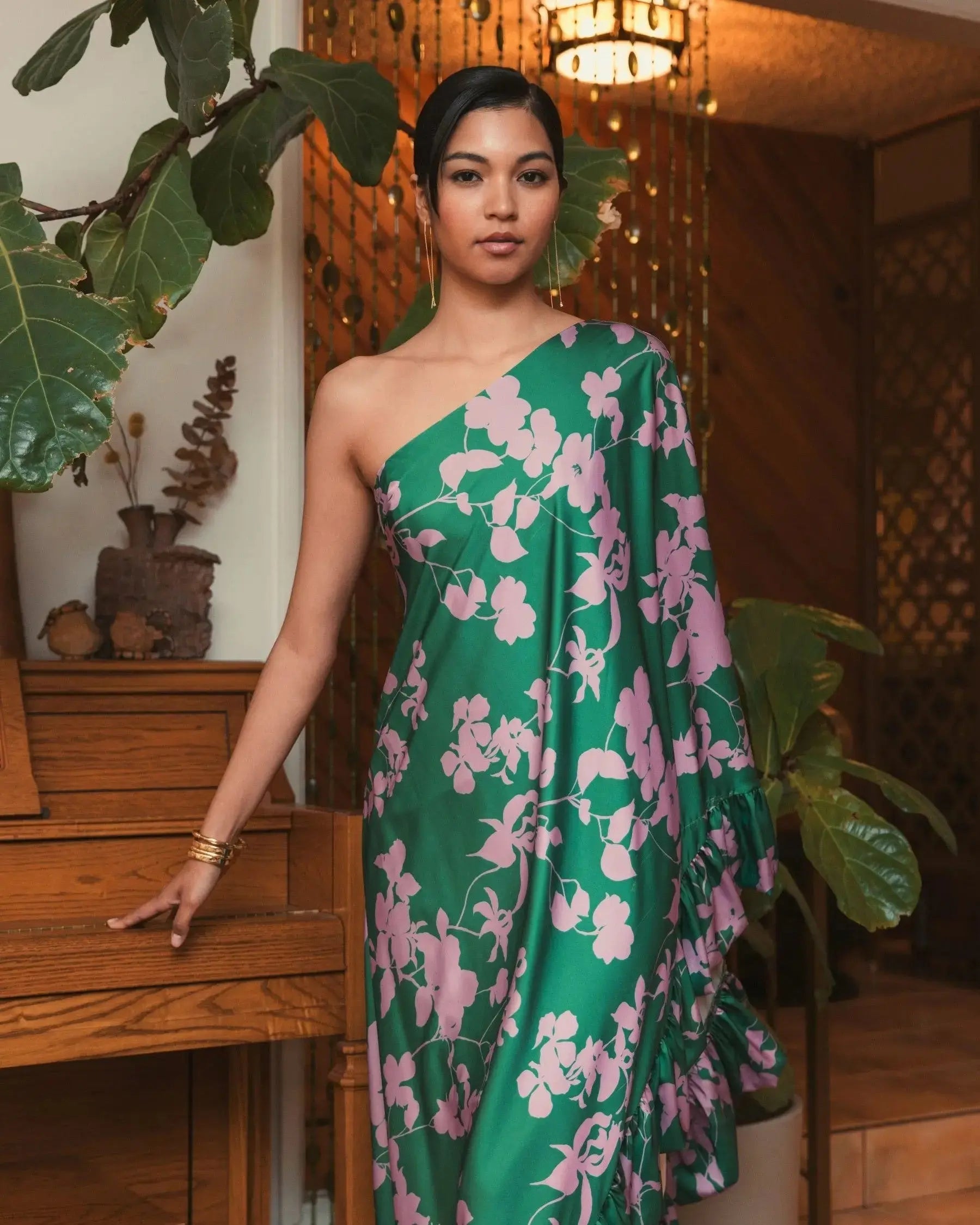 Green Floral One Shoulder Ruffle Gown - Mac Duggal
