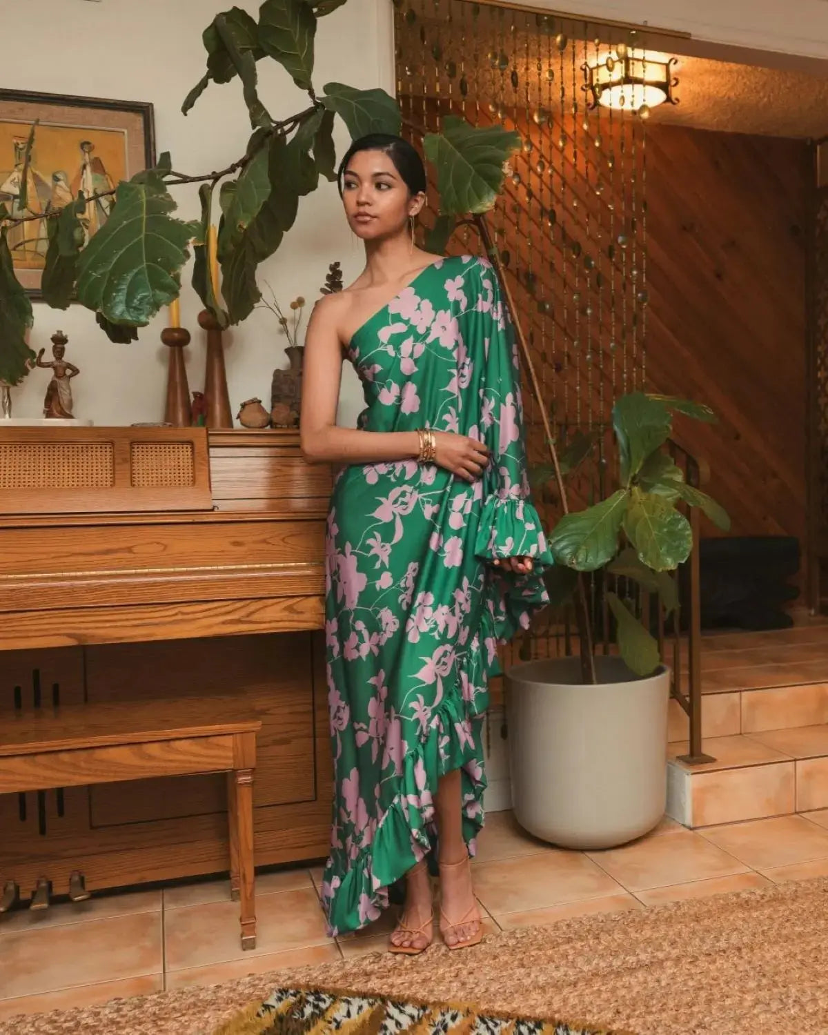 Green Floral One Shoulder Ruffle Gown - Mac Duggal