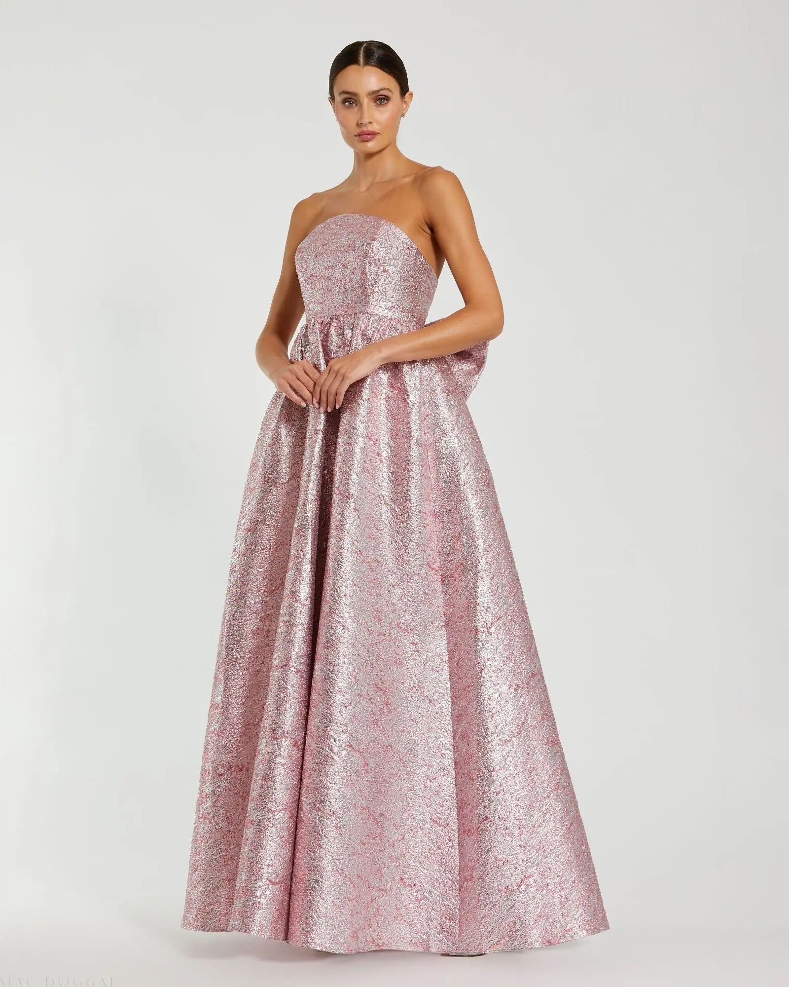 Pink Metallic Strapless Brocade Gown With Oversized Bow Mac Duggal