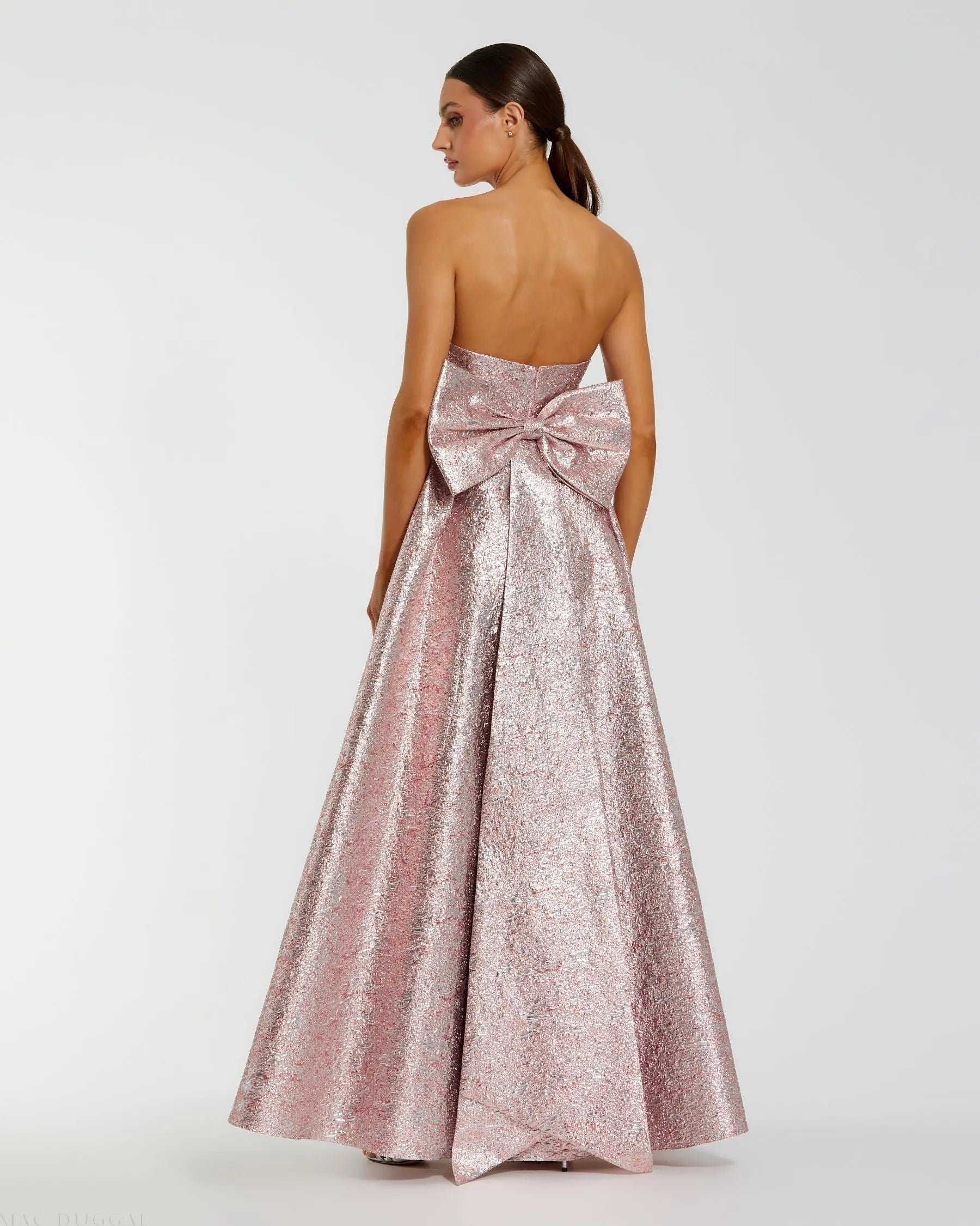 Pink Metallic Strapless Brocade Gown With Oversized Bow Mac Duggal