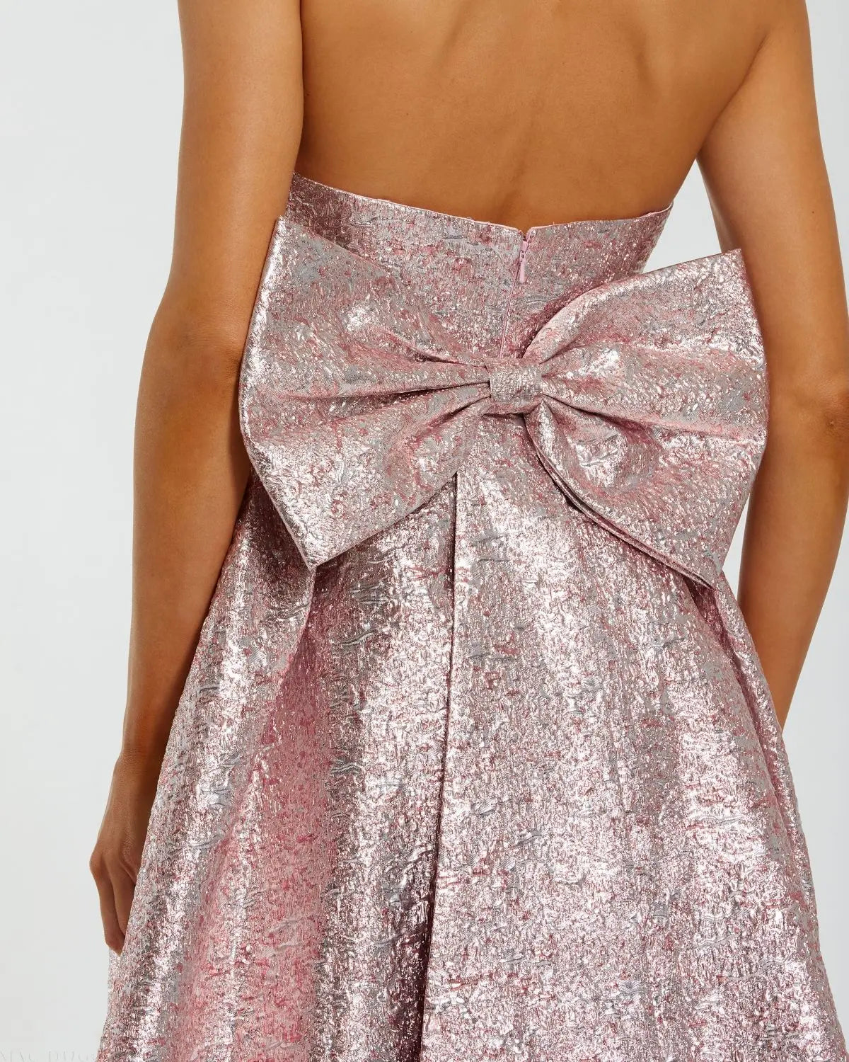 Pink Metallic Strapless Brocade Gown With Oversized Bow Mac Duggal