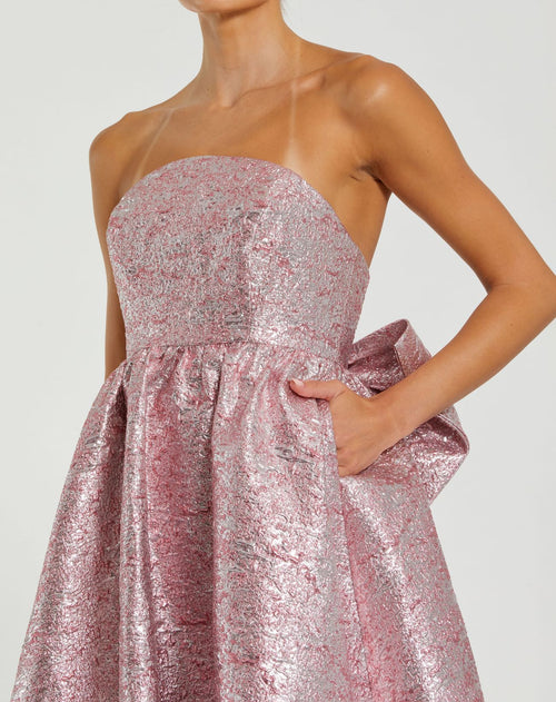 Metallic Strapless Brocade Gown With Oversized Bow