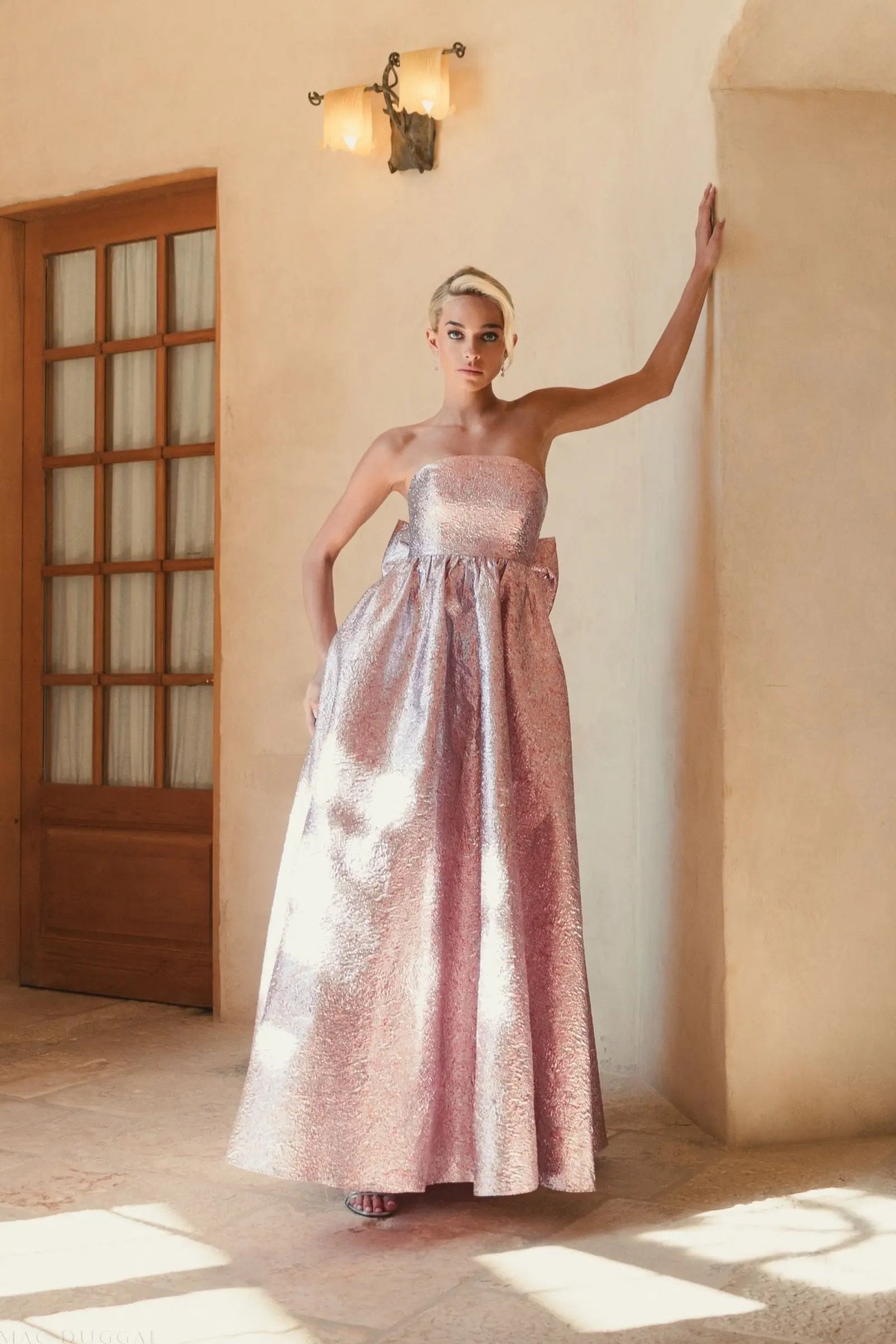 pink metallic strapless dress Strapless Long Metallic Corset Prom Dress with Beads Hot Pink / 14
