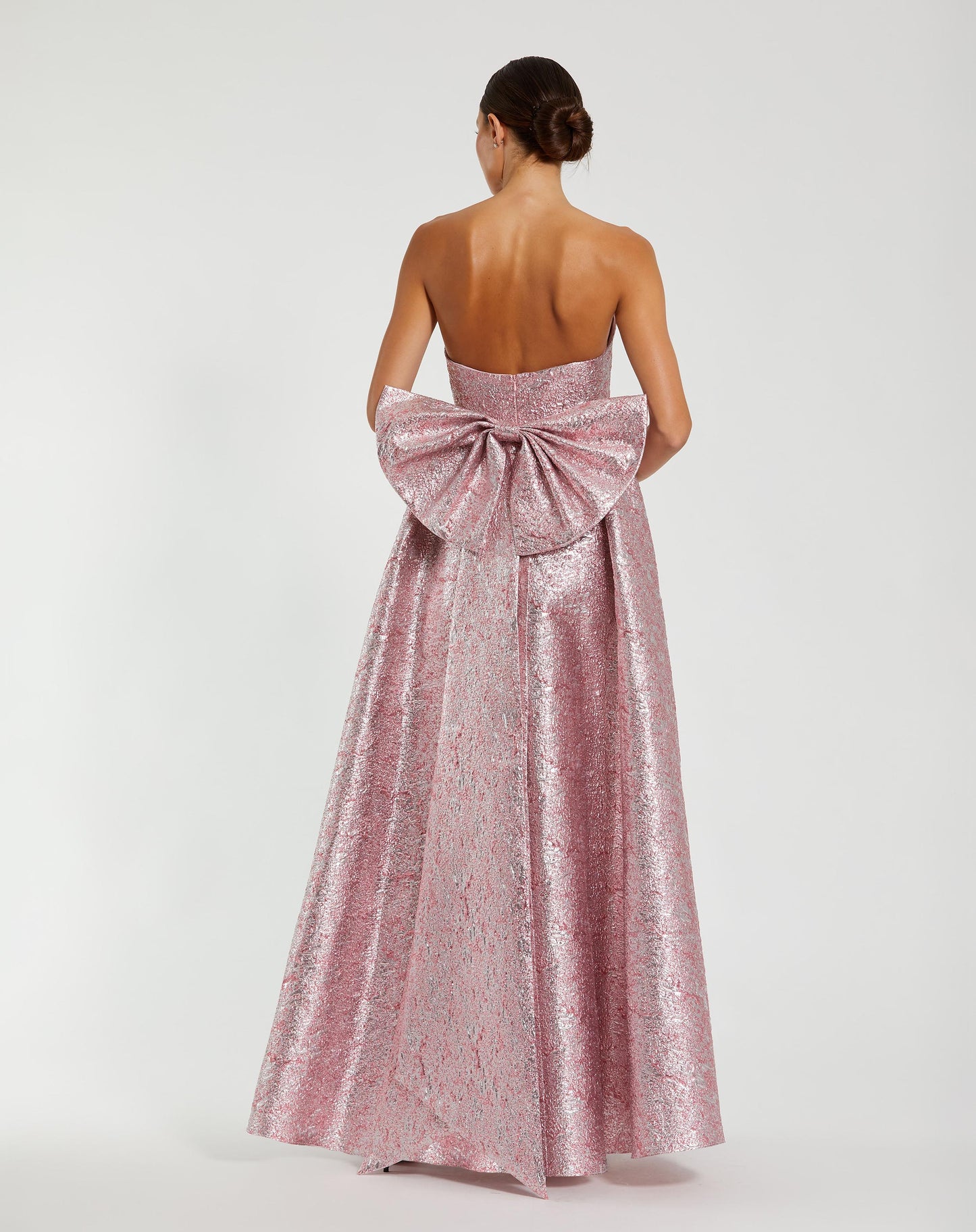 Metallic Strapless Brocade Gown With Oversized Bow