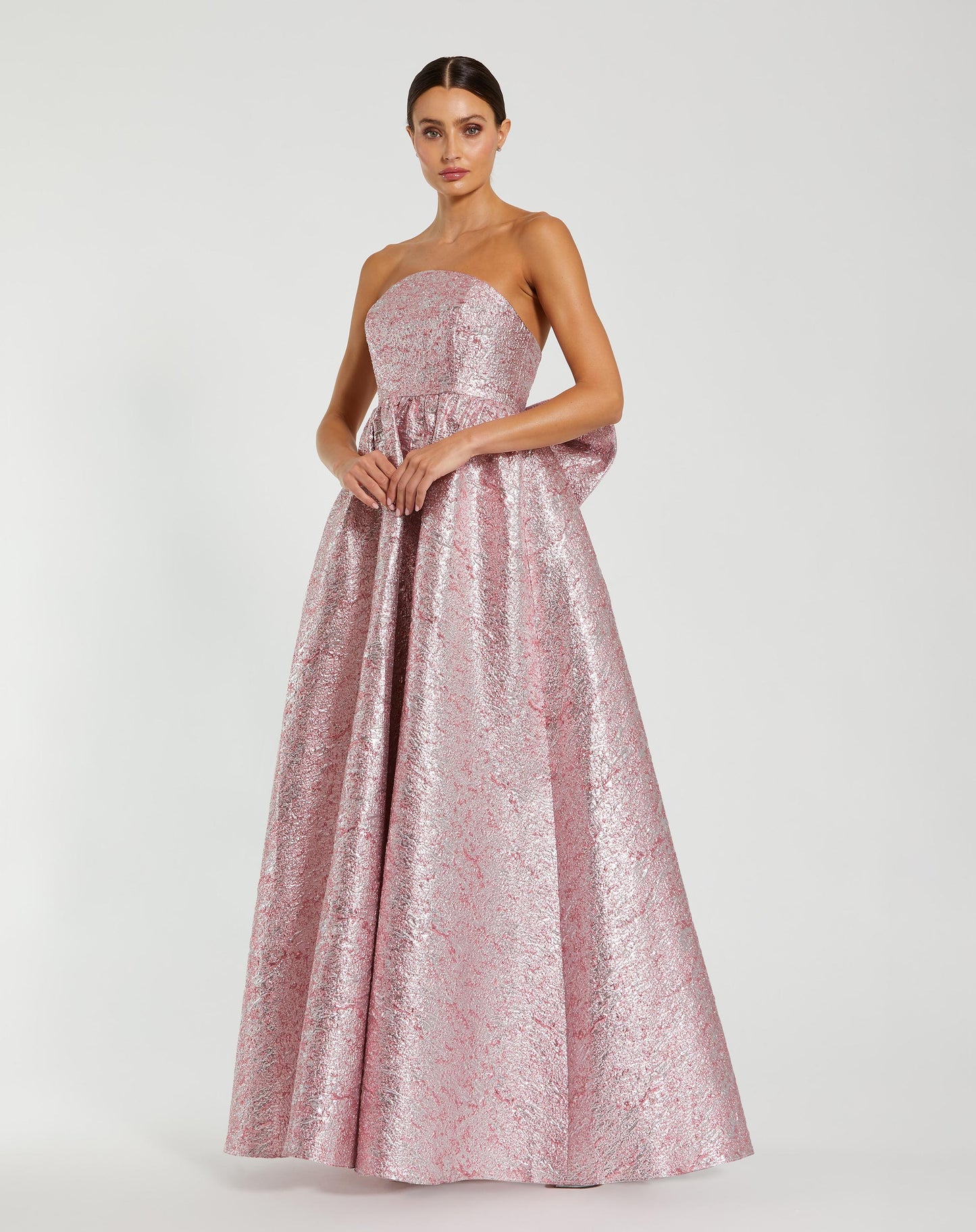 Metallic Strapless Brocade Gown With Oversized Bow