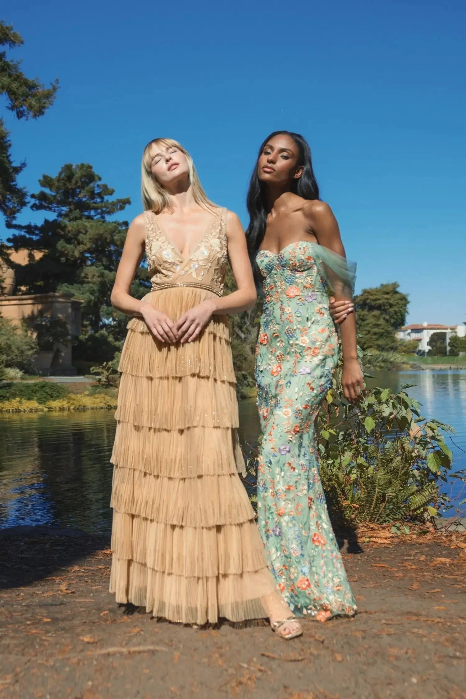 Beige Beaded Mesh V Neck Gown With Tiered Ruffles - Mac Duggal