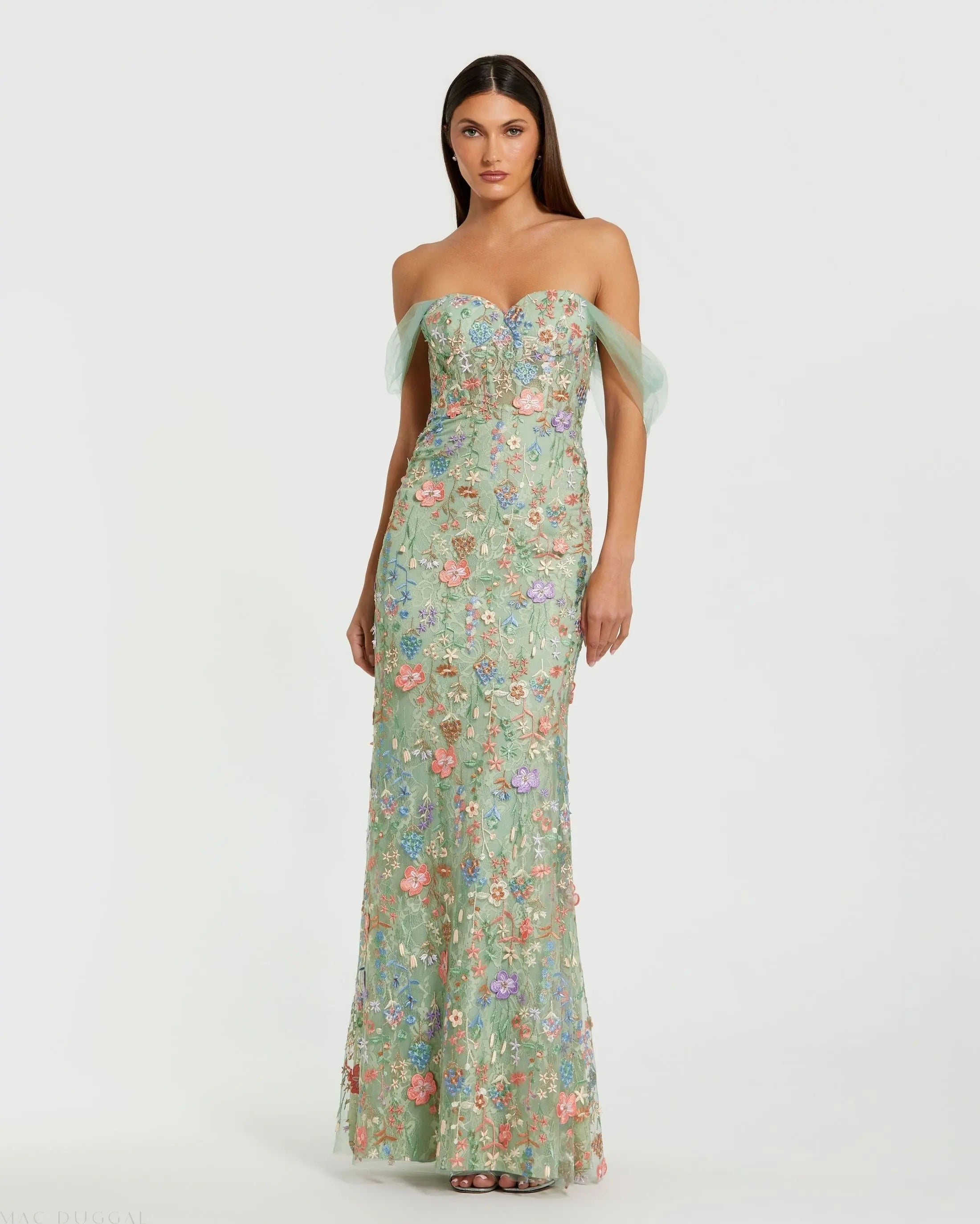 Green Off-the-Shoulder Bustier Floral Column Gown Mac Duggal