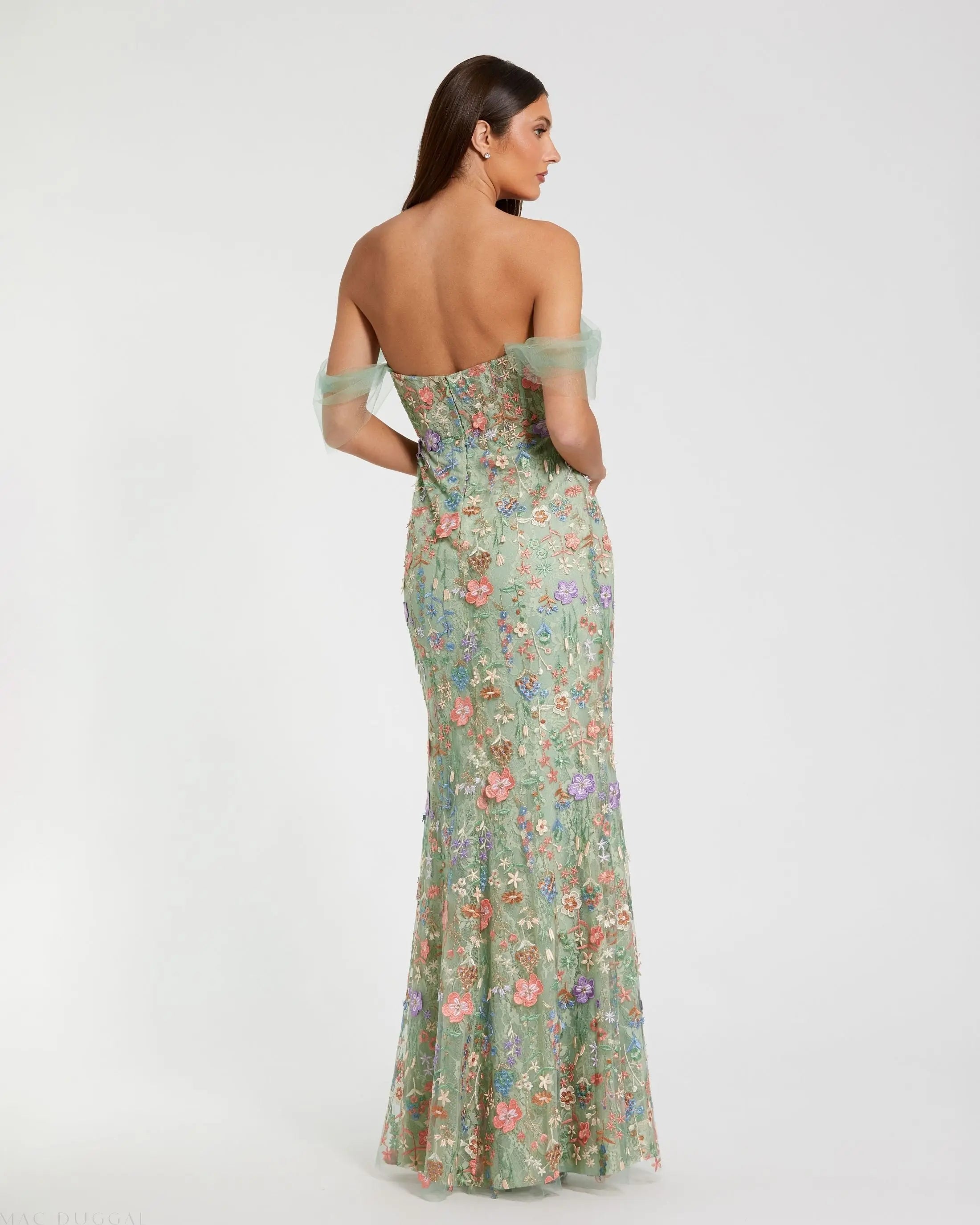 Green Off-the-Shoulder Bustier Floral Column Gown Mac Duggal