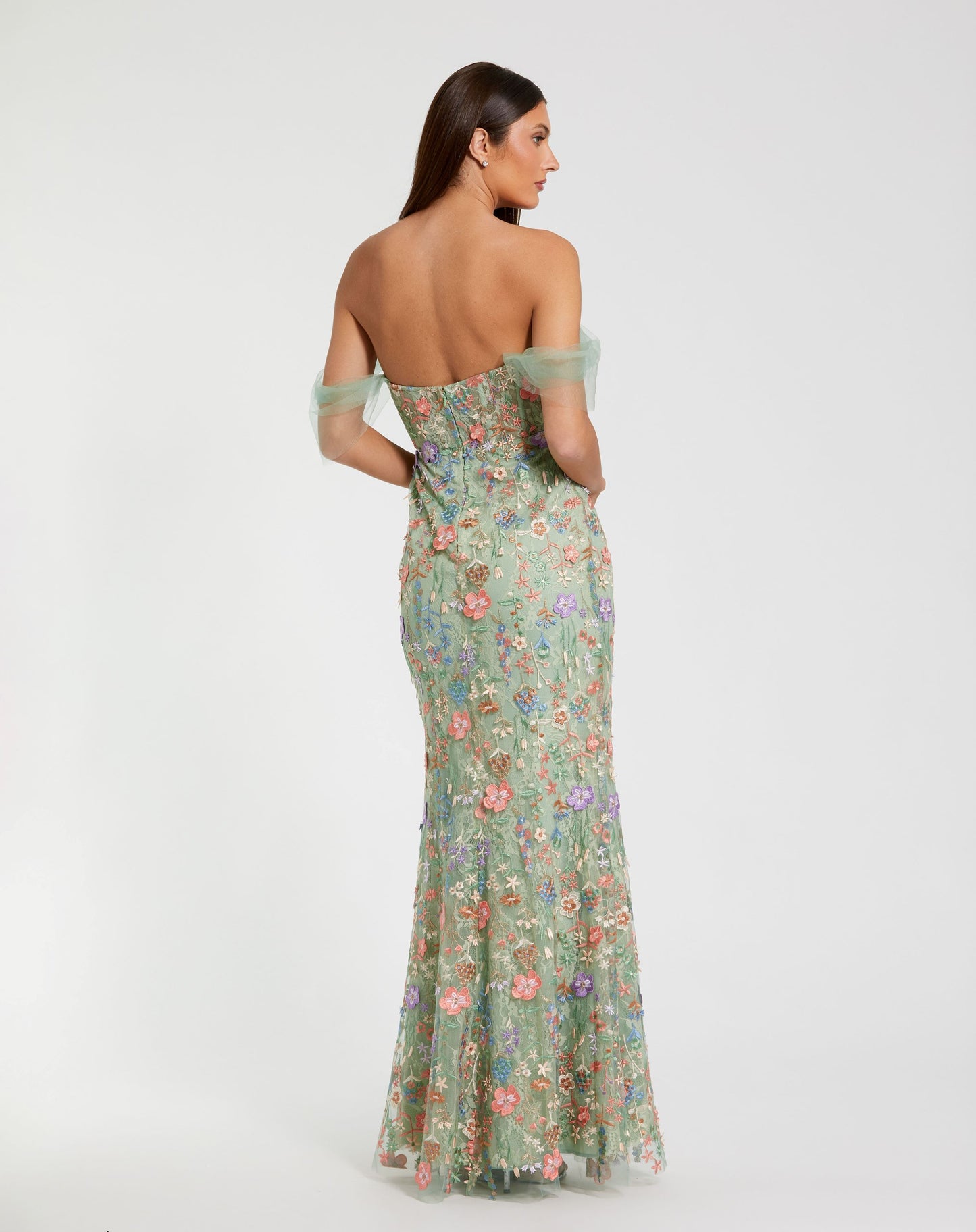 Off The Shoulder Bustier Embroidered Net Gown