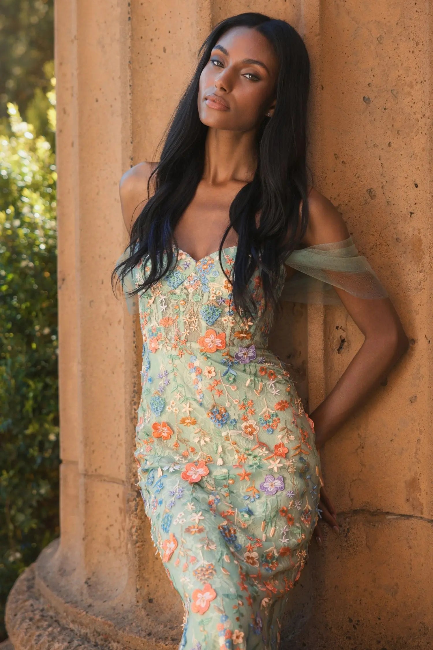 Green Off-the-Shoulder Bustier Floral Column Gown | Mac Duggal Green Off-the-Shoulder Bustier Floral Column Gown | Mac Duggal