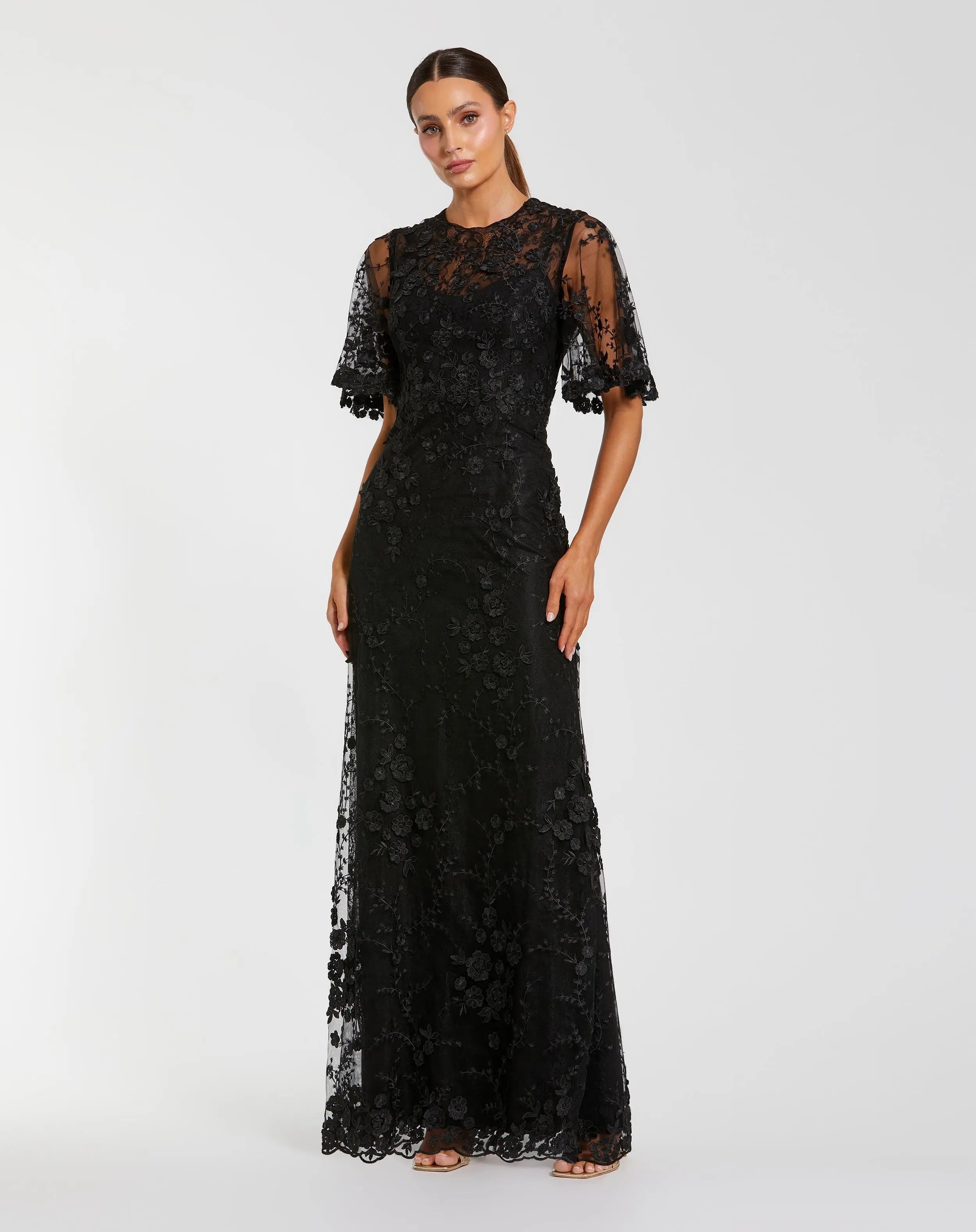 Black Flutter Sleeve Floral Embroidered Net Gown Mac Duggal