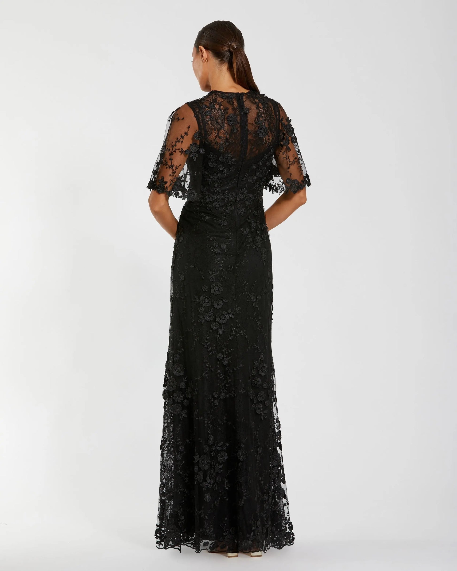 Black Flutter Sleeve Floral Embroidered Net Gown | Mac Duggal Black Flutter Sleeve Floral Embroidered Net Gown | Mac Duggal