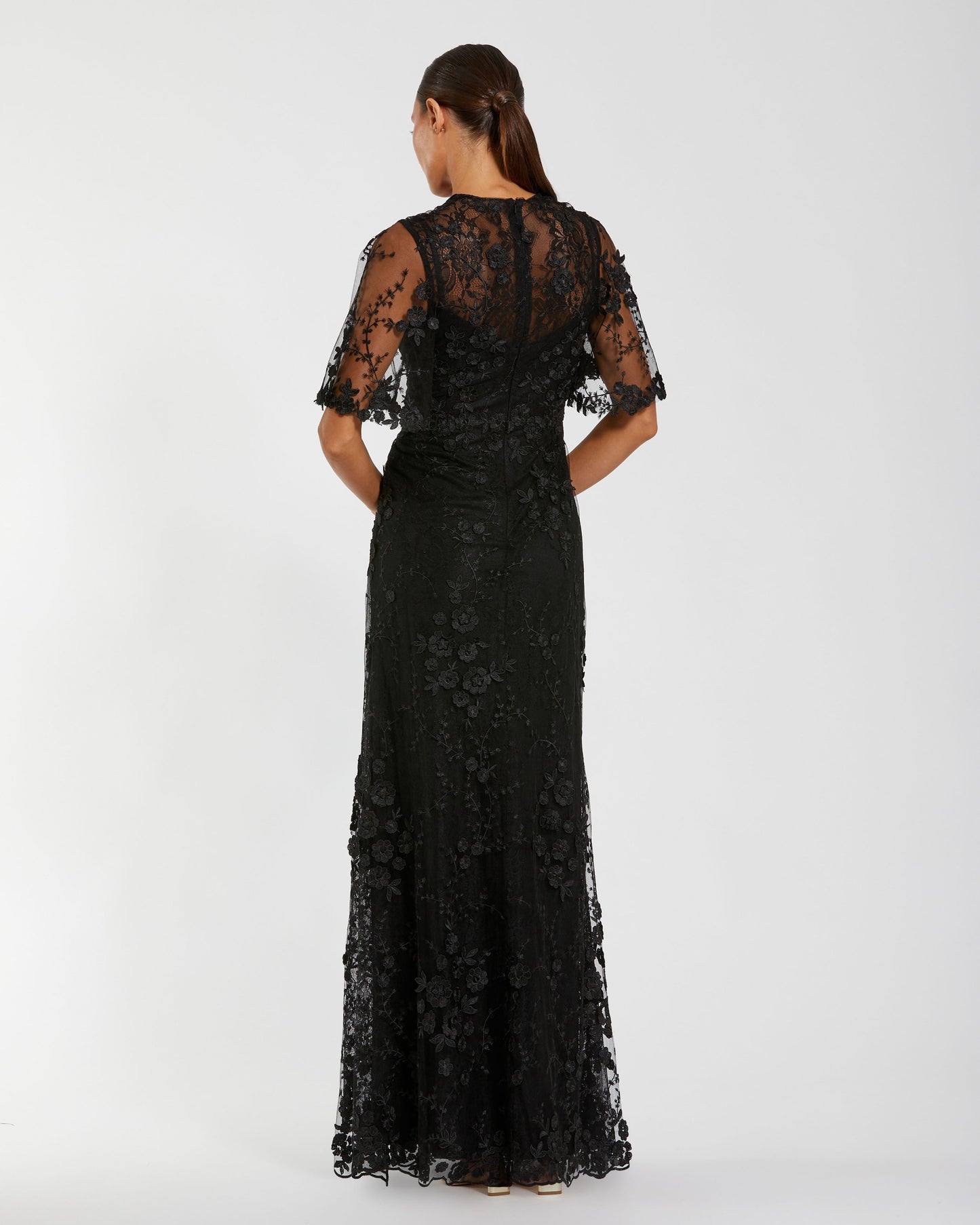 Flutter Sleeve Floral Emboridered Net Gown Mac Duggal