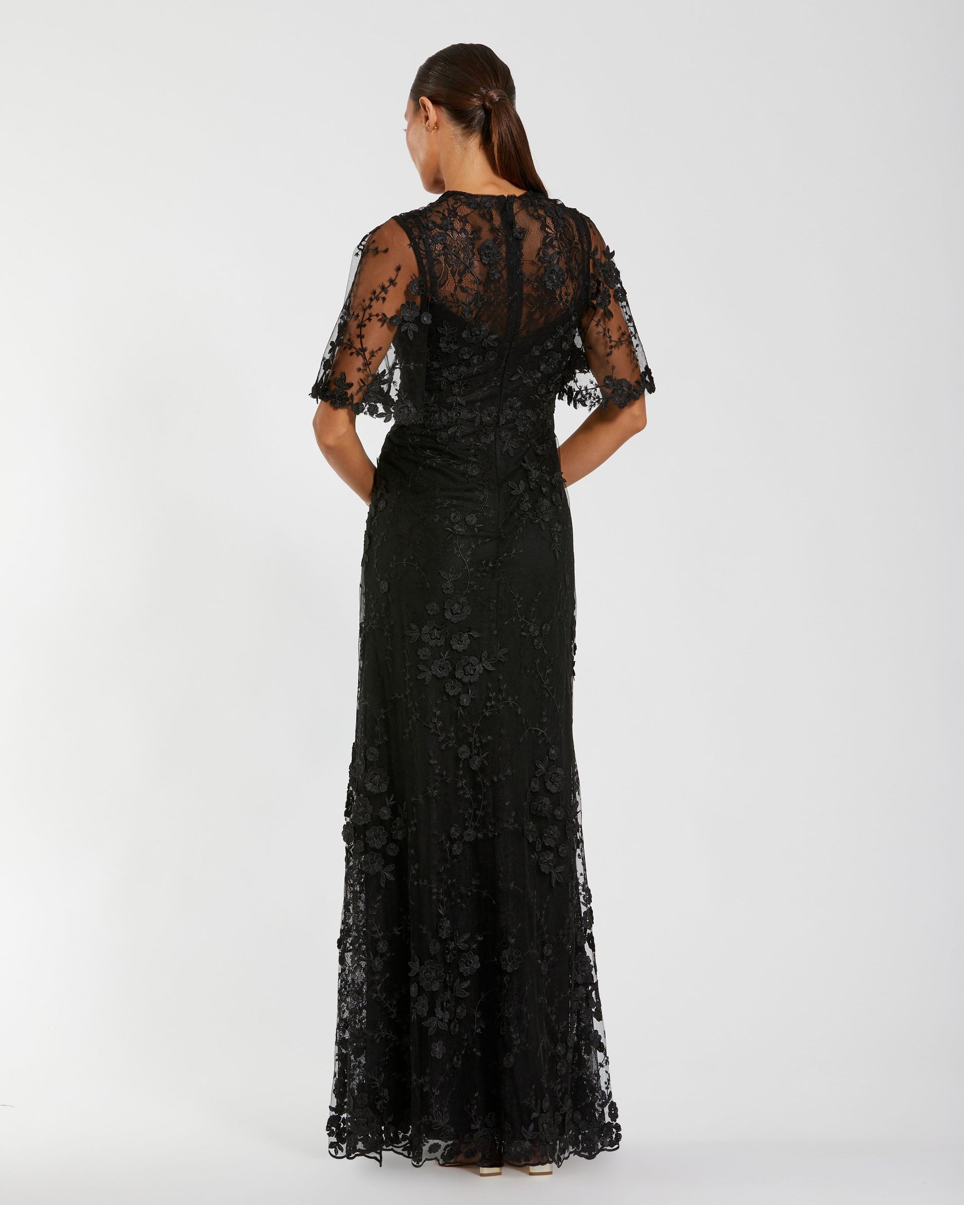 Flutter Sleeve Floral Emboridered Net Gown Mac Duggal
