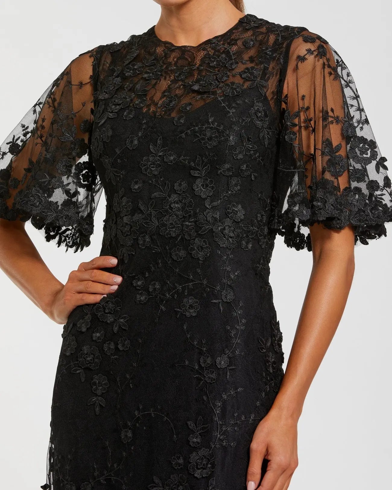 Black Flutter Sleeve Floral Embroidered Net Gown | Mac Duggal Black Flutter Sleeve Floral Embroidered Net Gown | Mac Duggal