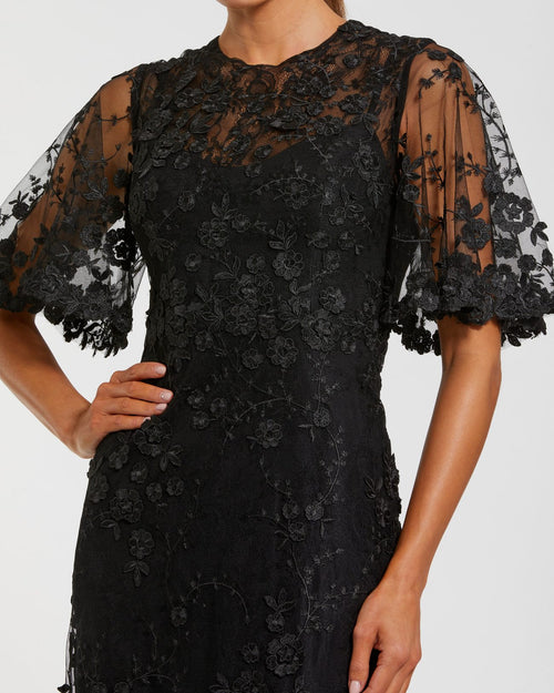Flutter Sleeve Floral Emboridered Net Gown Mac Duggal