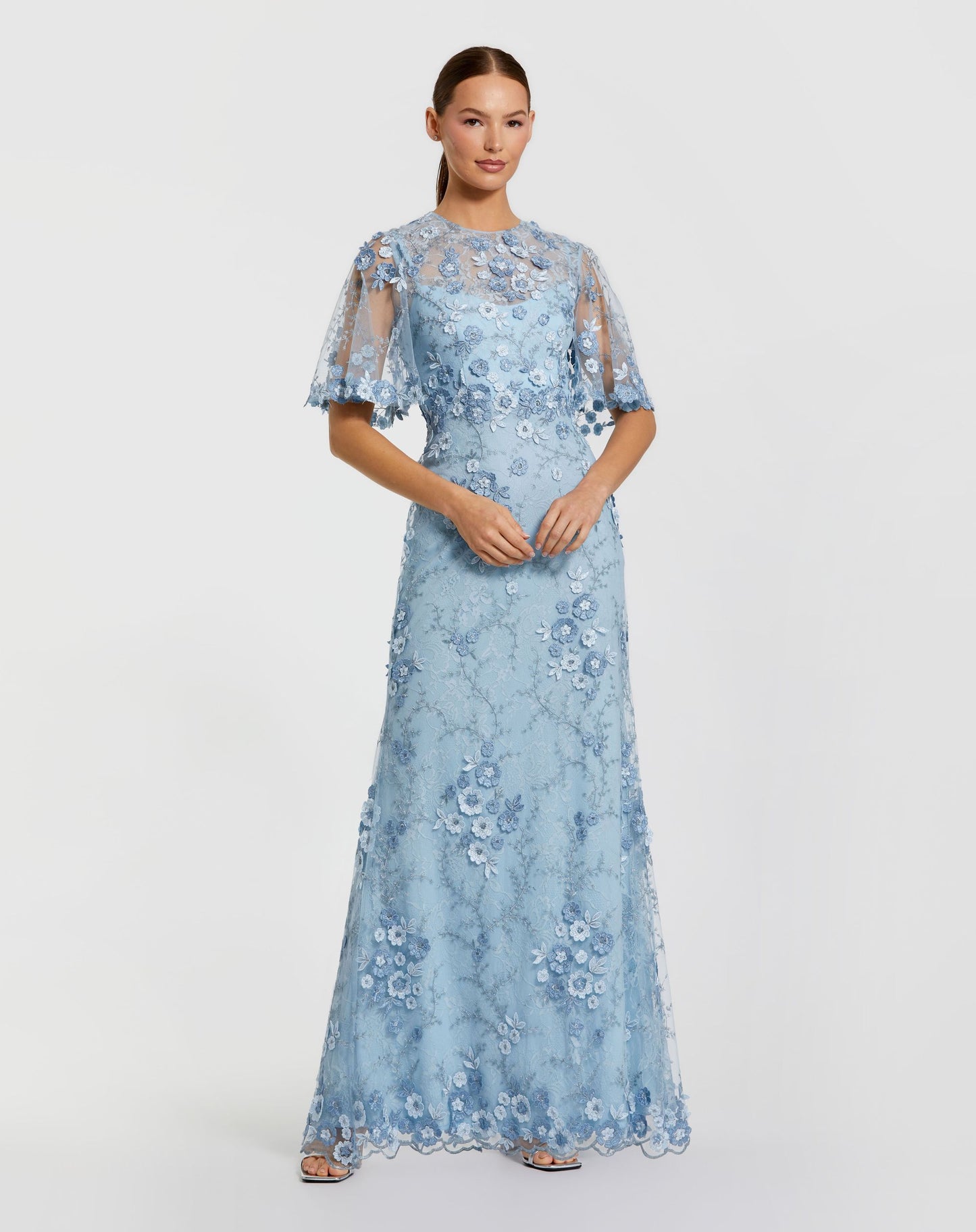 Blue Flutter Sleeve Floral Embroidered Net Gown - Mac Duggal