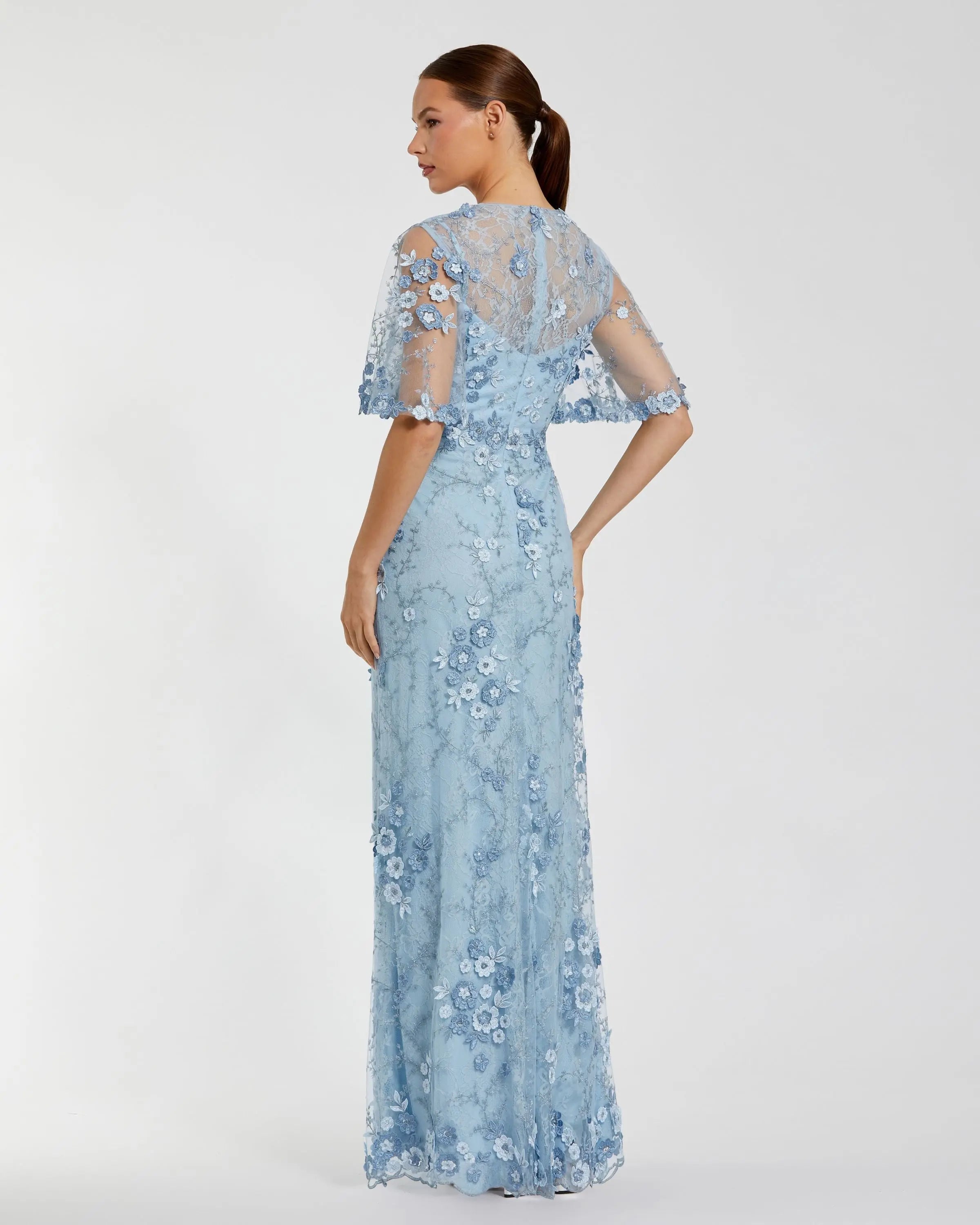 Blue Flutter Sleeve Floral Embroidered Net Gown Mac Duggal
