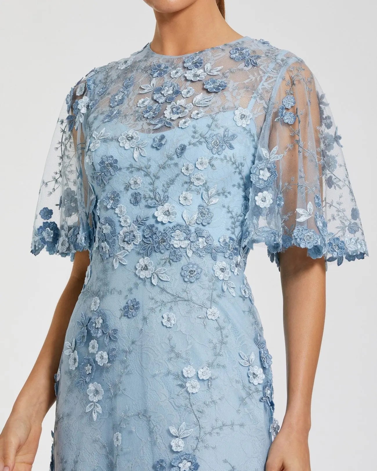 Blue Flutter Sleeve Floral Embroidered Net Gown Mac Duggal
