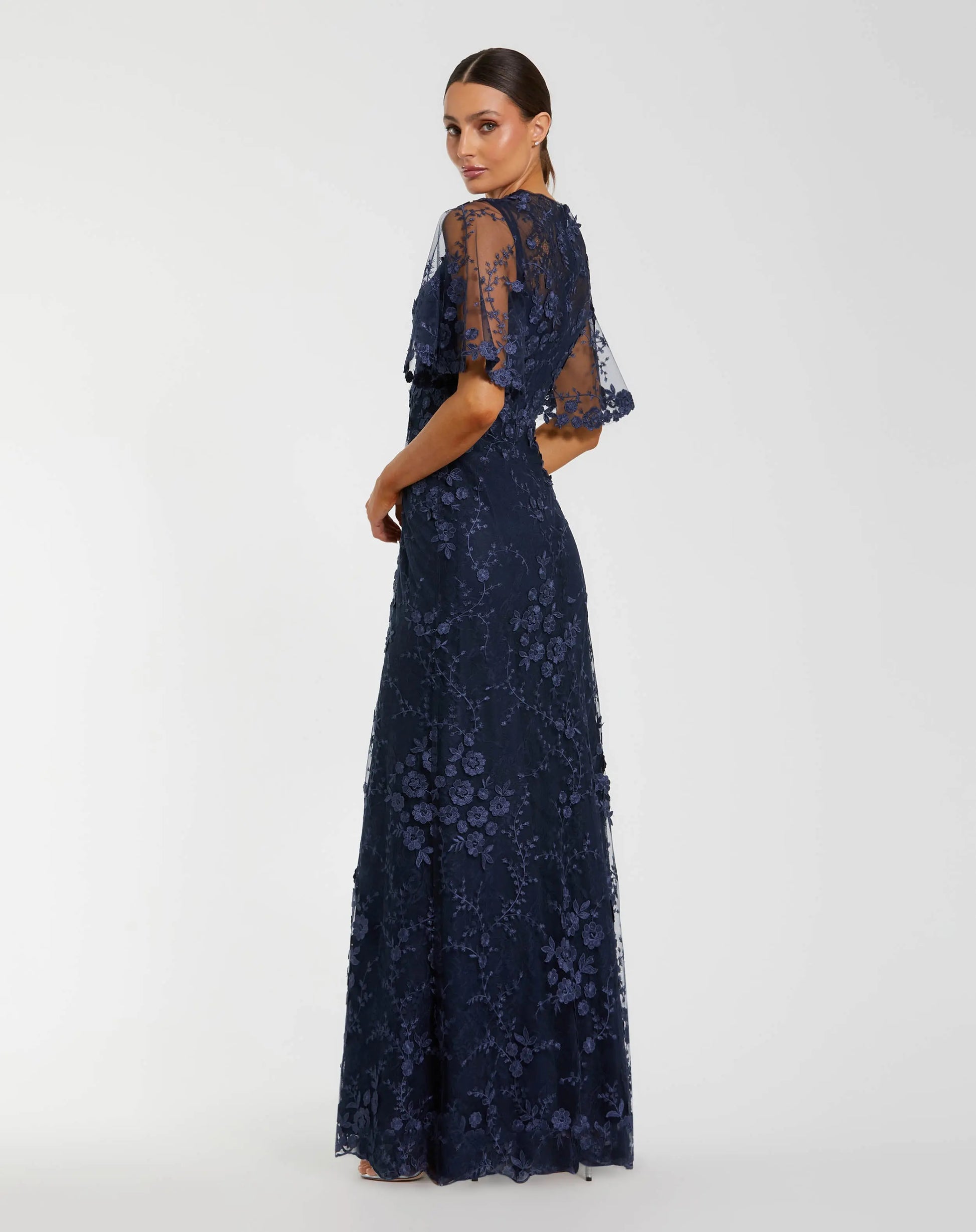 Navy Flutter Sleeve Floral Embroidered Net Gown | Mac Duggal Navy Flutter Sleeve Floral Embroidered Net Gown | Mac Duggal