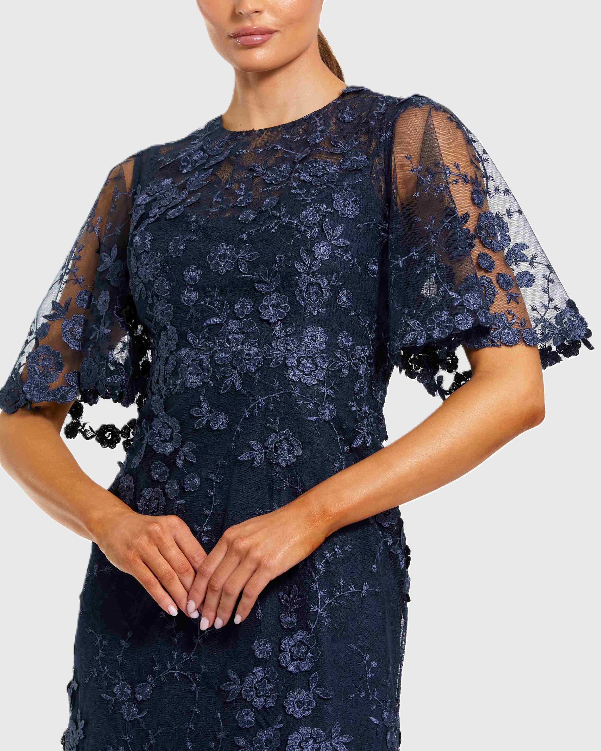 Navy Flutter Sleeve Floral Embroidered Net Gown Mac Duggal