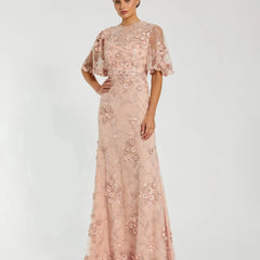 Pink Flutter Sleeve Floral Embroidered Net Gown - Mac Duggal