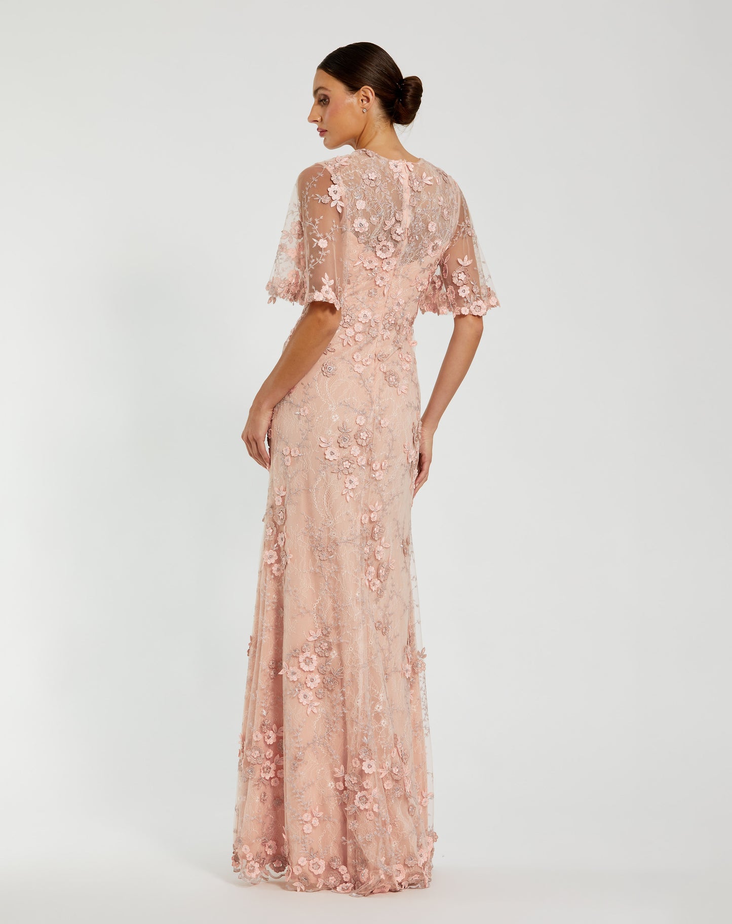 Flutter Sleeve Floral Embroidered Net Gown