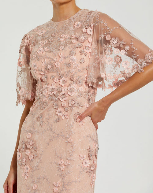 Pink Flutter Sleeve Floral Embroidered Net Gown - Mac Duggal