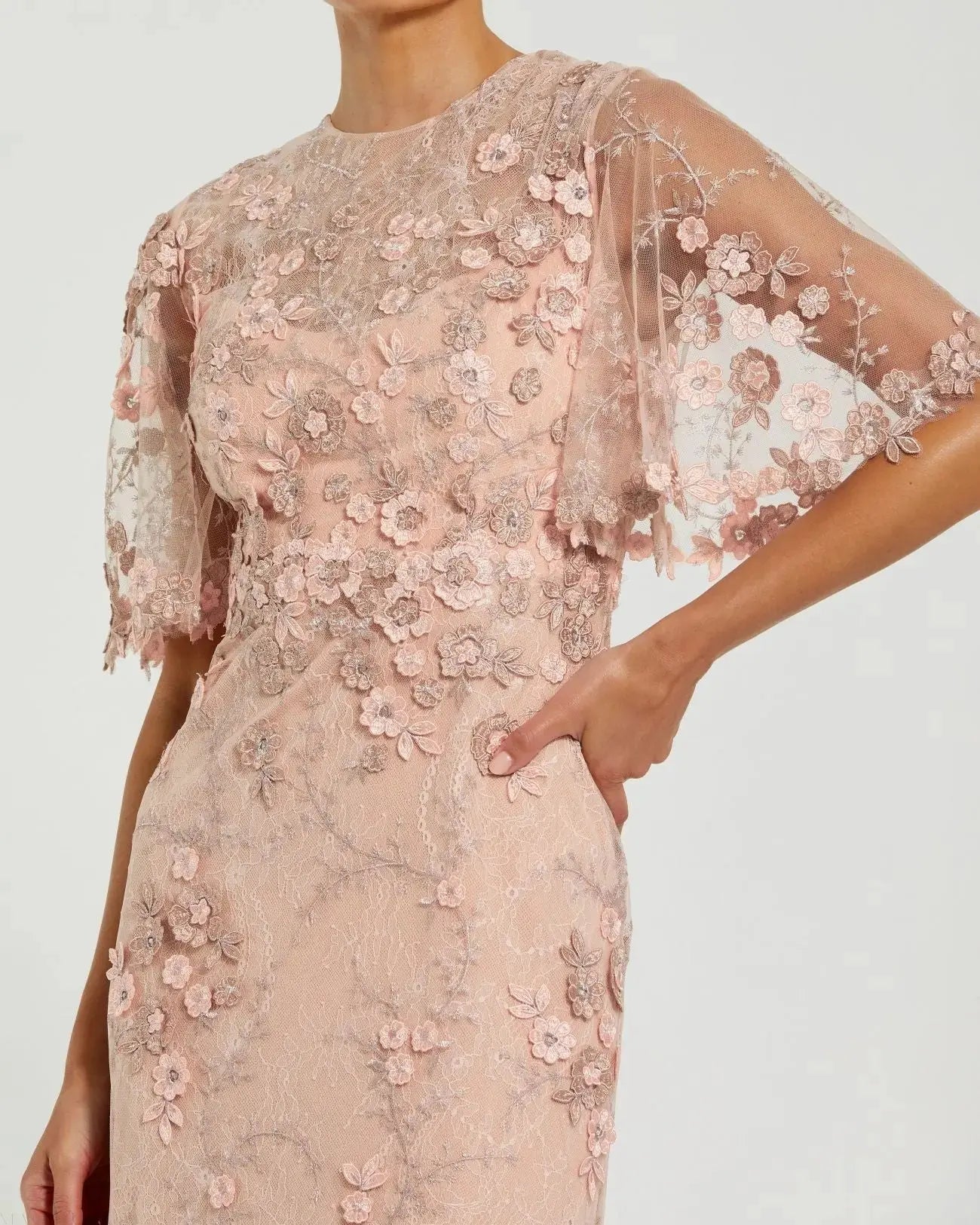 Pink Petite Flutter Sleeve Floral Embroidered Net Gown Mac Duggal