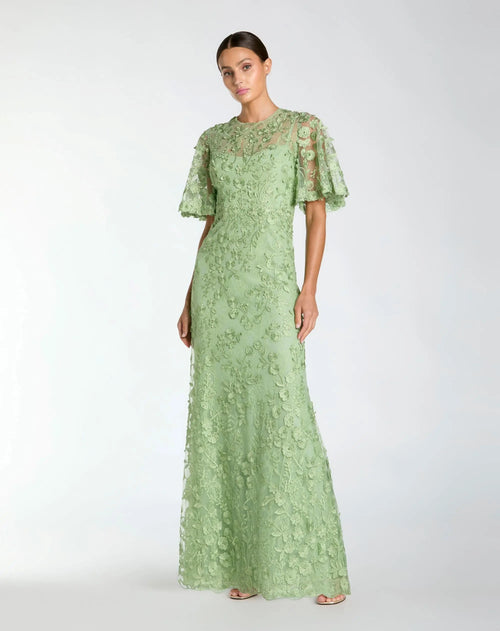 Green Flutter Sleeve Floral Embroidered Net Gown - Mac Duggal