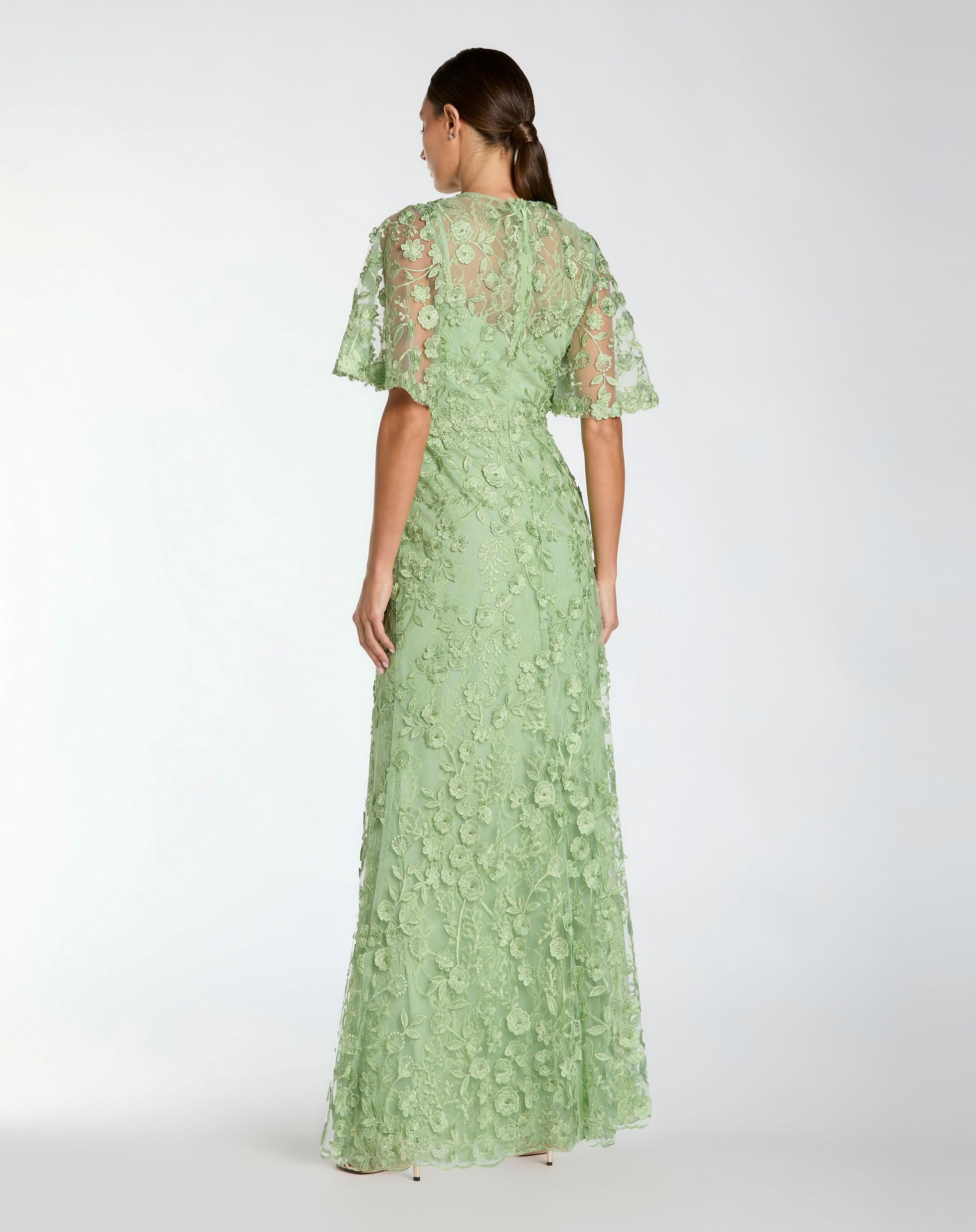 Green Flutter Sleeve Floral Embroidered Net Gown - Mac Duggal