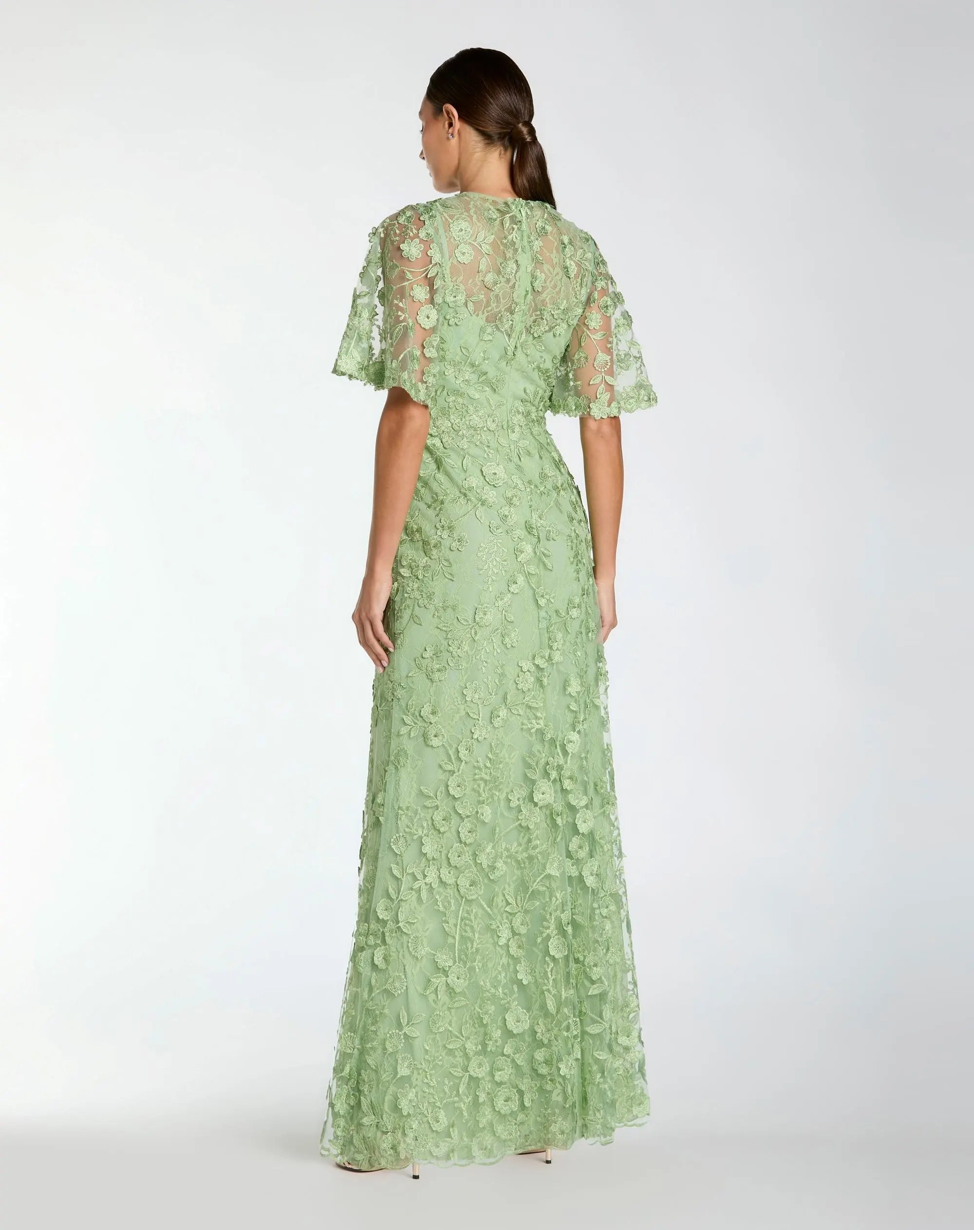 Green Flutter Sleeve Floral Embroidered Net Gown - Mac Duggal