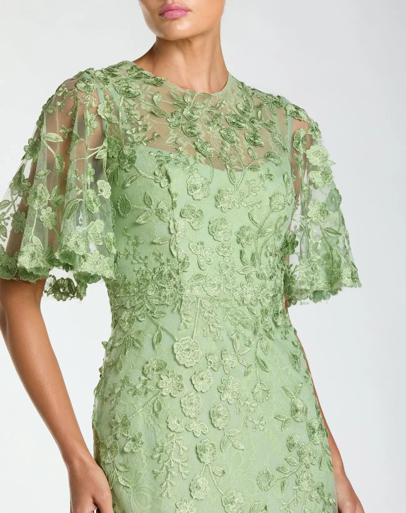 Mac Duggal Women's Flutter Sleeve Floral Emboridered Net Gown - Green - Size 14 - Sage Mac Duggal Women's Flutter Sleeve Floral Emboridered Net Gown - Green - Size 14 - Sage