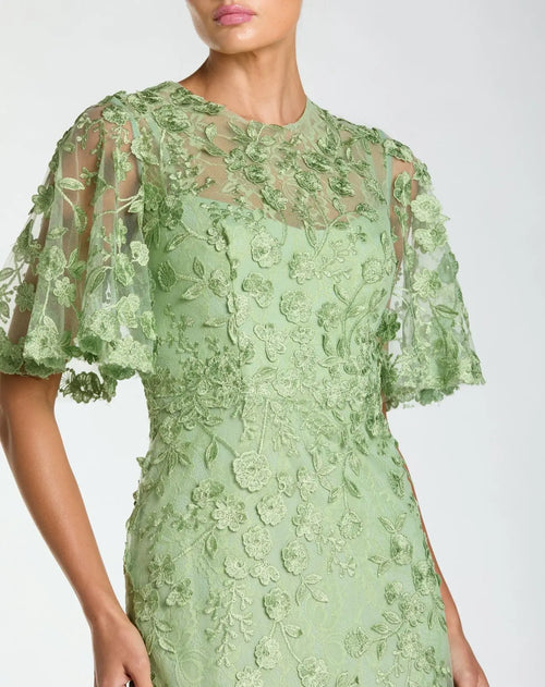 Green Flutter Sleeve Floral Embroidered Net Gown - Mac Duggal