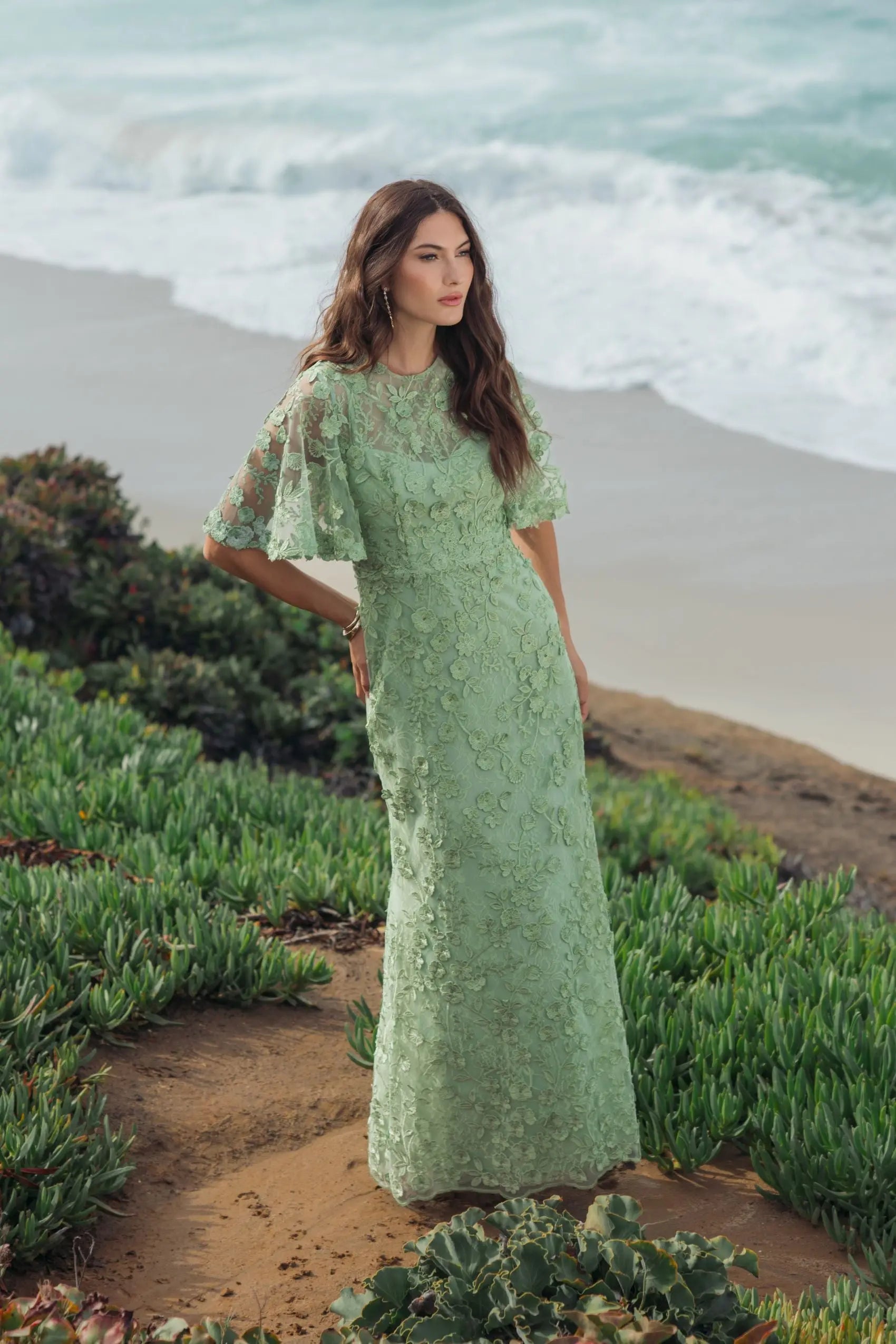 Green Flutter Sleeve Floral Embroidered Net Gown | Mac Duggal Green Flutter Sleeve Floral Embroidered Net Gown | Mac Duggal