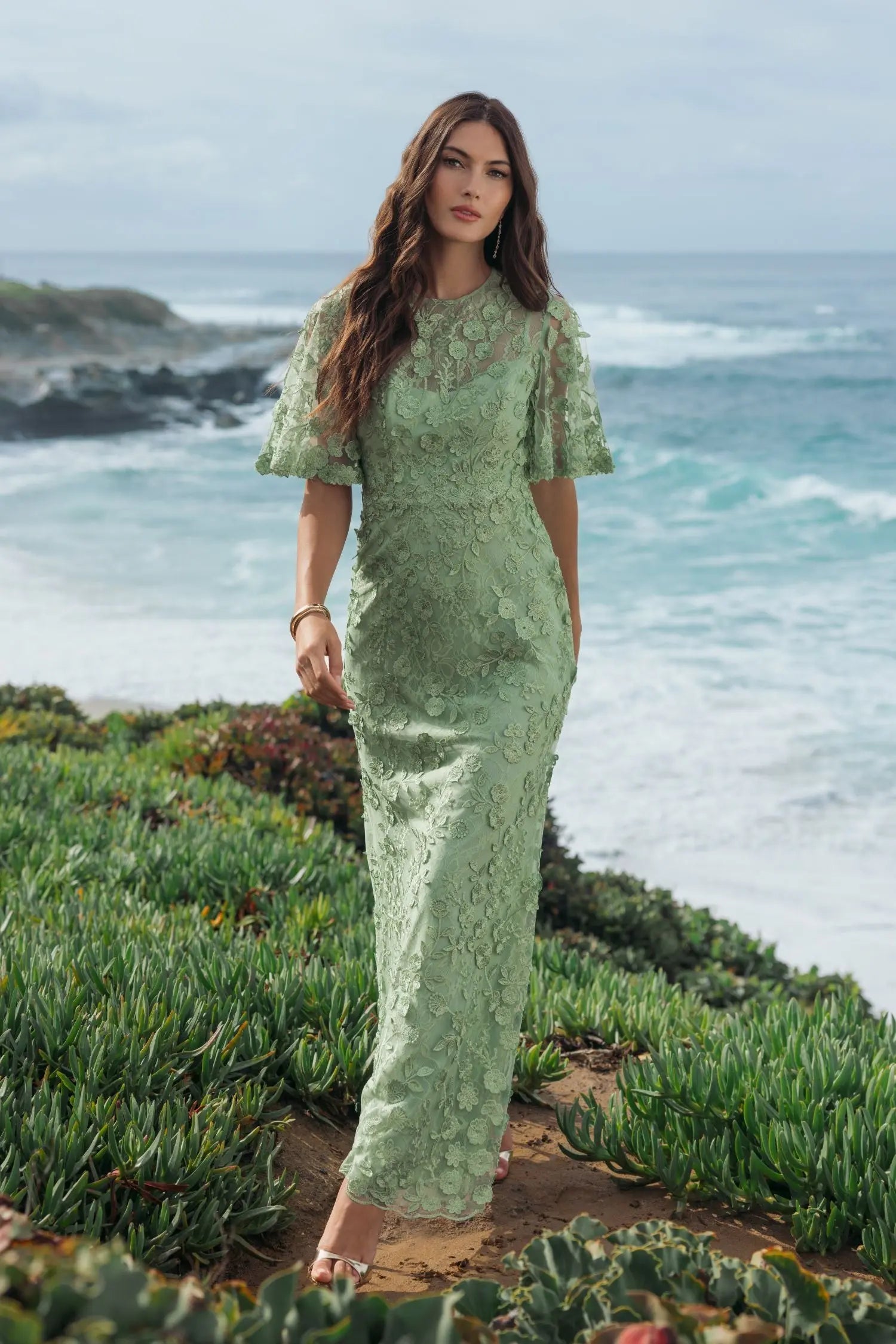 Green Flutter Sleeve Floral Embroidered Net Gown - Mac Duggal