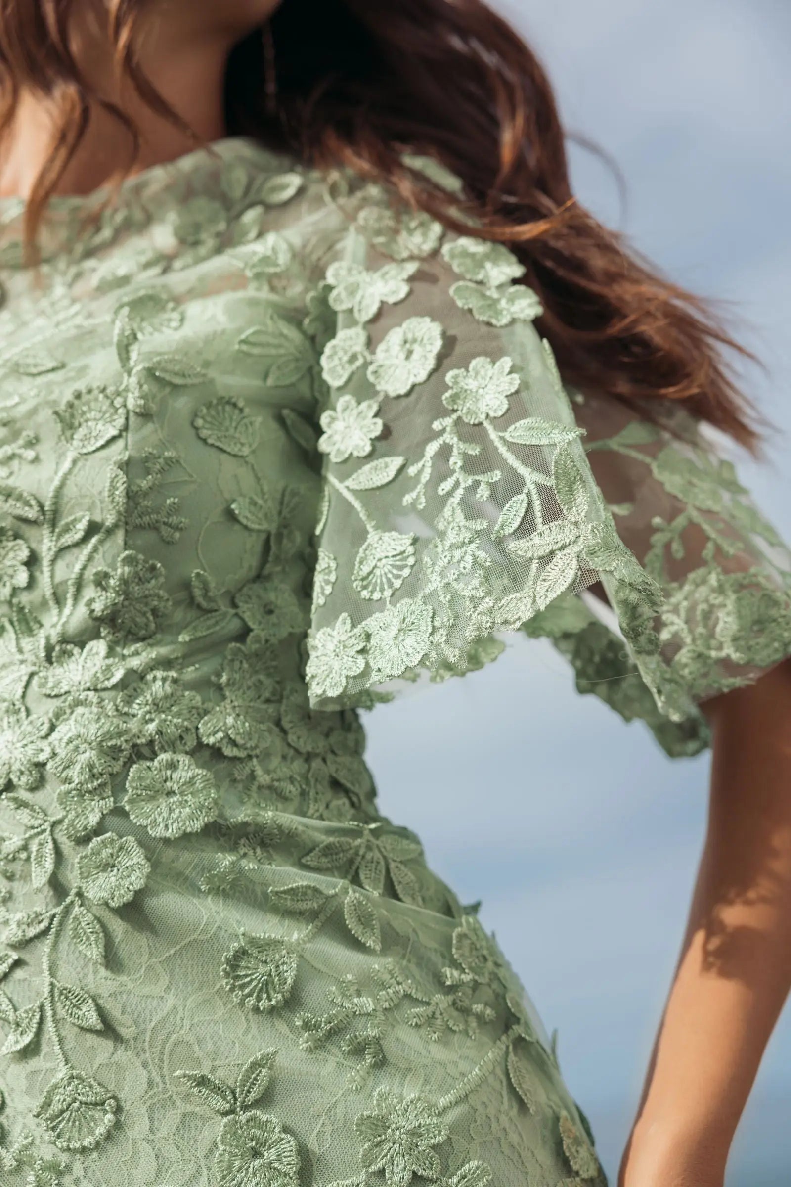 Green Flutter Sleeve Floral Embroidered Net Gown | Mac Duggal Green Flutter Sleeve Floral Embroidered Net Gown | Mac Duggal