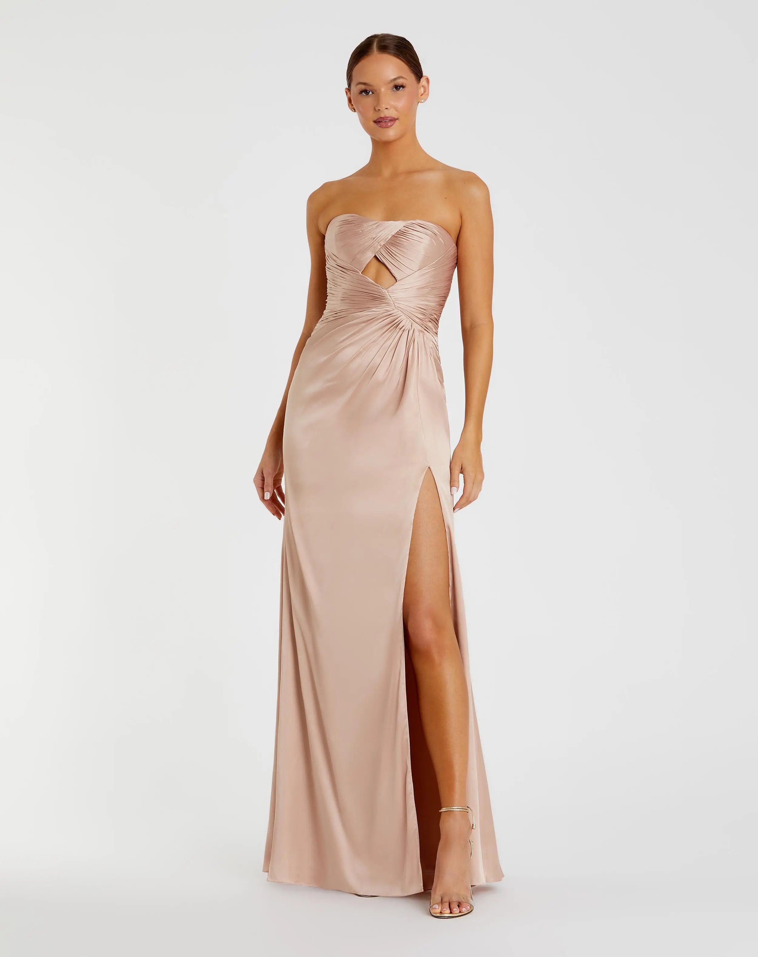 Pink Strapless Charmeuse Wrap Gown With Cutout Detail - Ieena for Mac Duggal