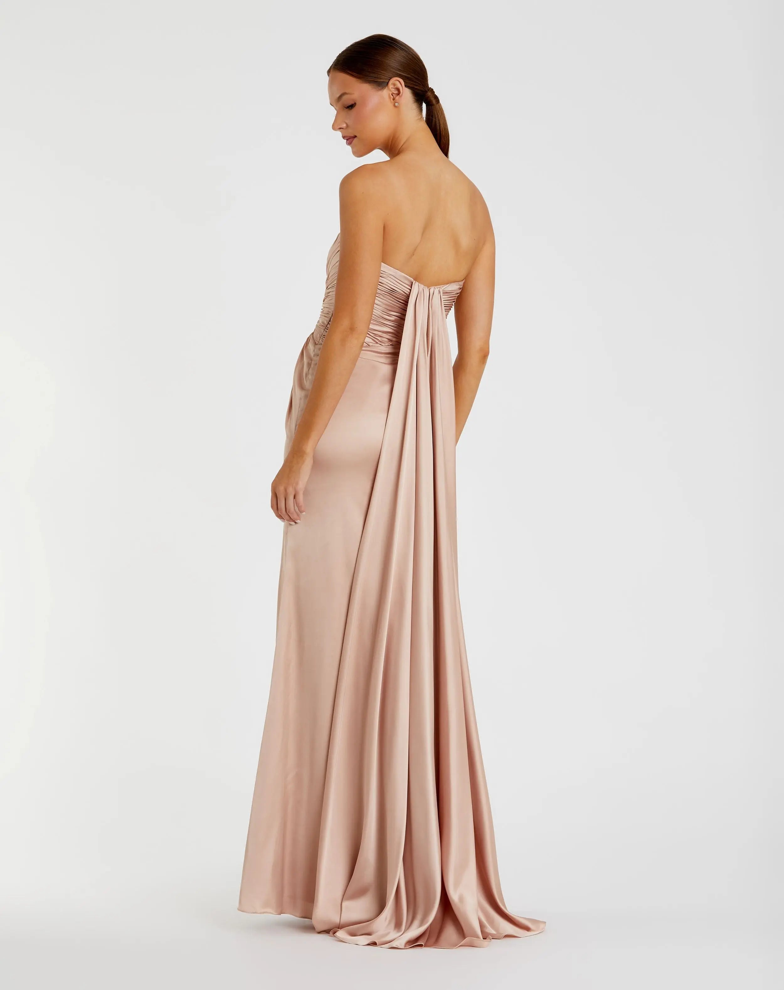 Pink Strapless Charmeuse Wrap Gown With Cutout Detail - Ieena for Mac Duggal