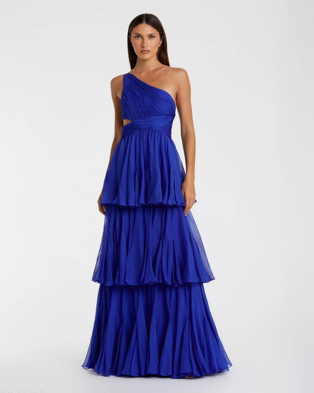 Blue One Shoulder Tiered Chiffon Gown - Mac Duggal
