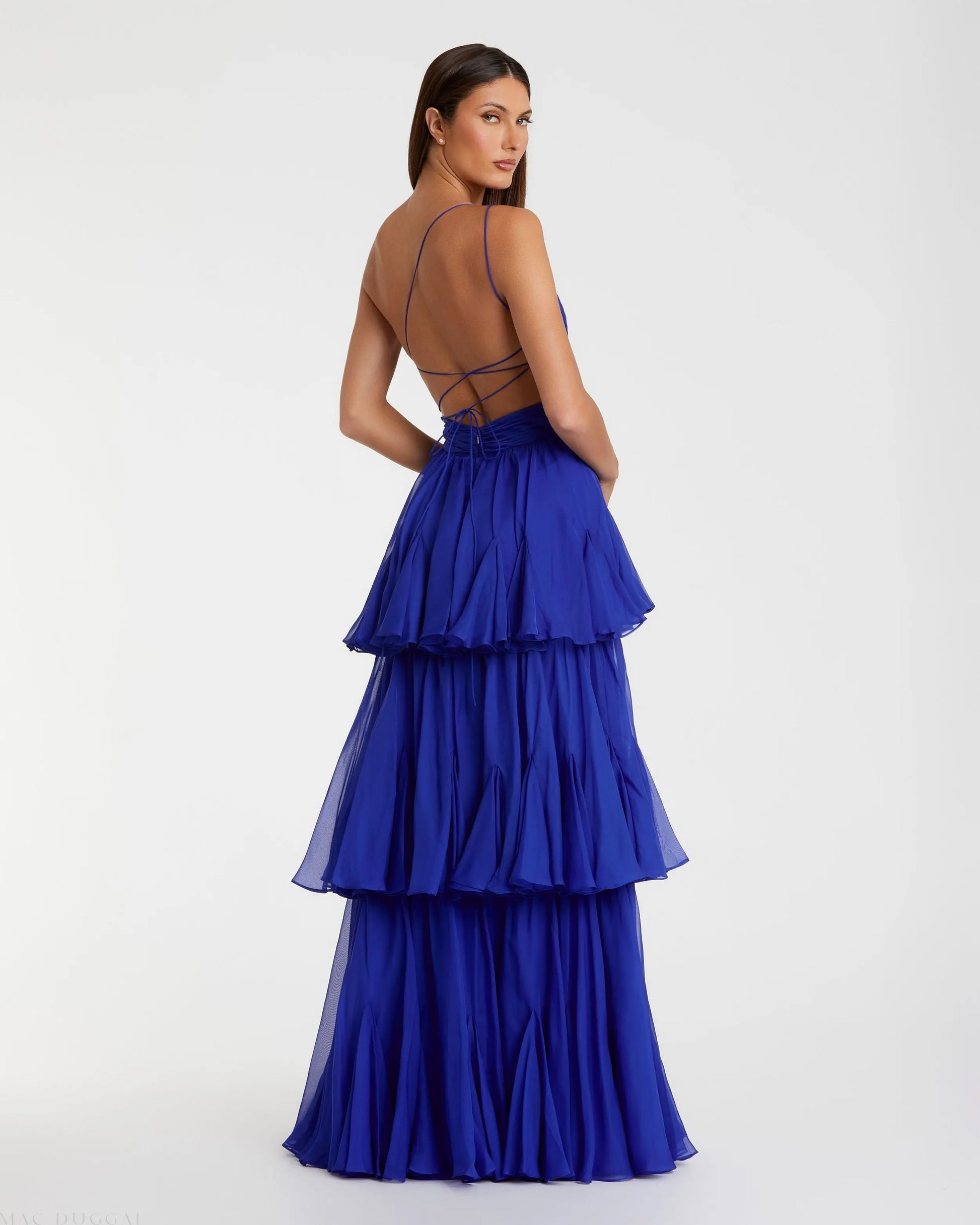 Blue One Shoulder Tiered Chiffon Gown - Mac Duggal