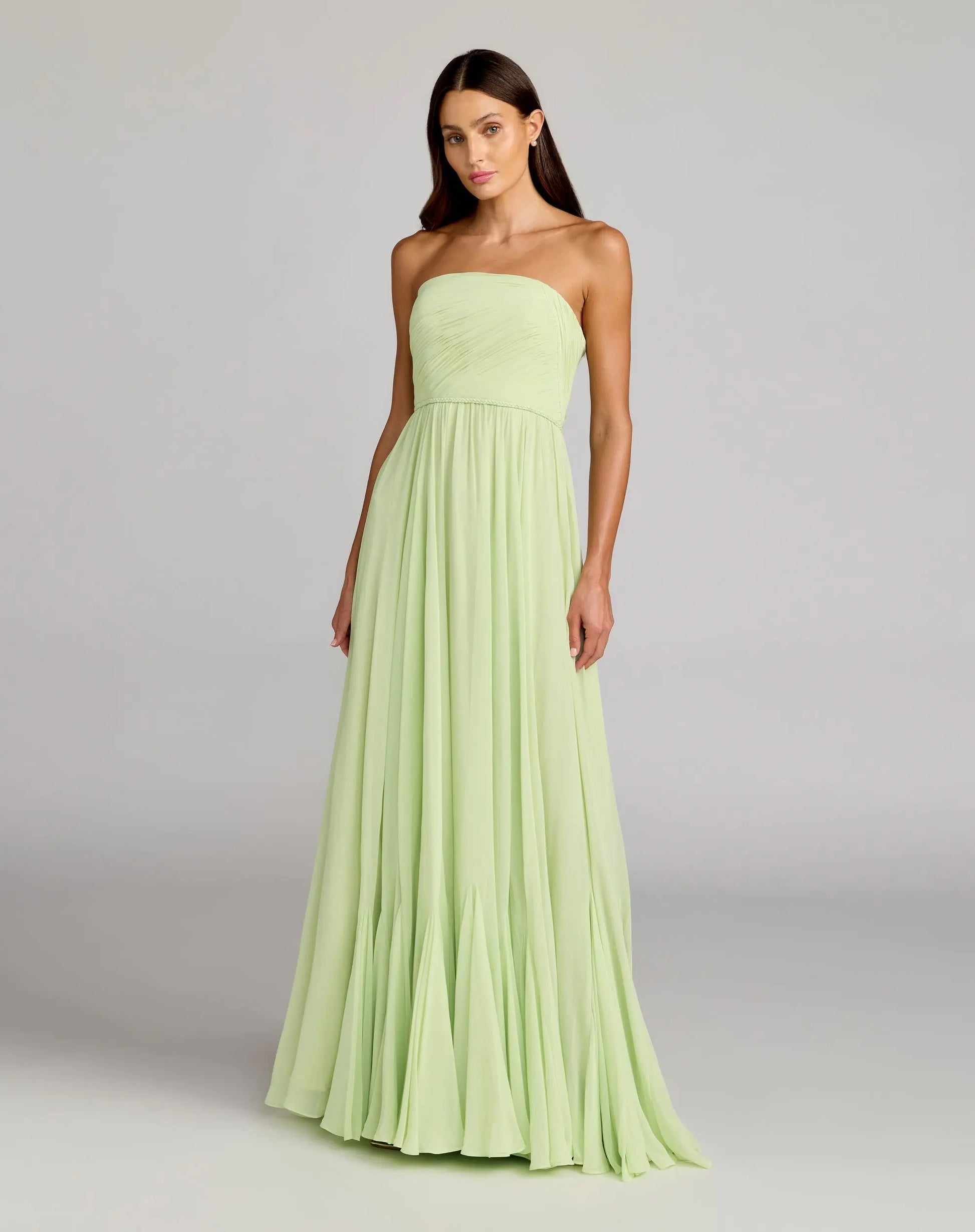 Mac Duggal Strapless Chiffon Gown With Braided Belt - Green Mac Duggal Strapless Chiffon Gown With Braided Belt - Green