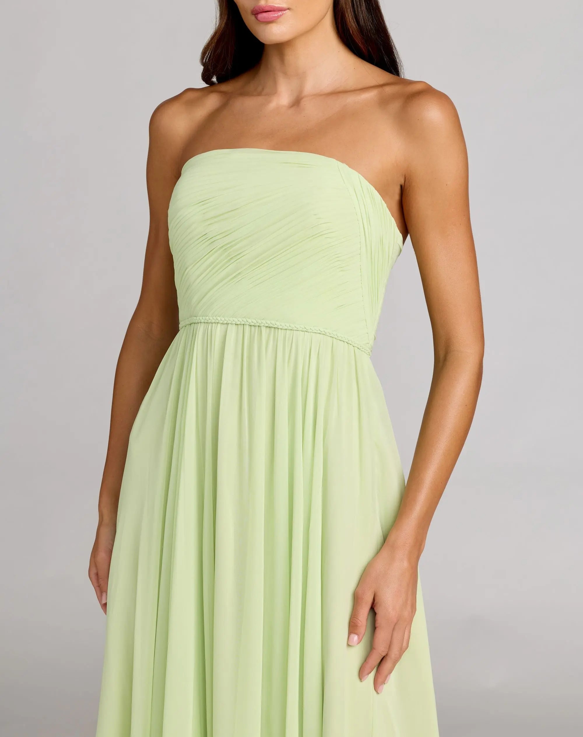 Green Strapless Chiffon Gown With Braided Belt | Mac Duggal Green Strapless Chiffon Gown With Braided Belt | Mac Duggal