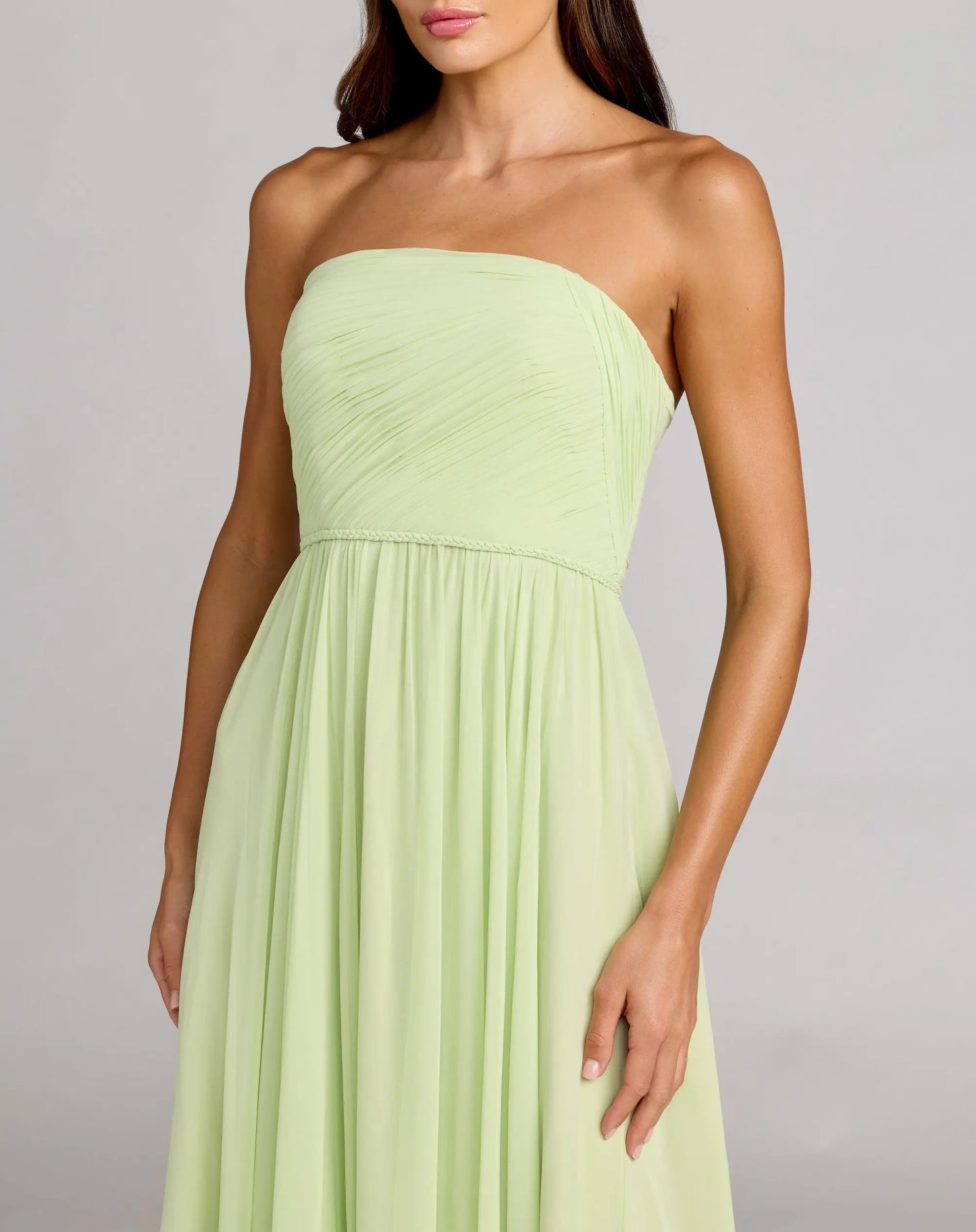 Green Strapless Chiffon Gown With Braided Belt | Mac Duggal Green Strapless Chiffon Gown With Braided Belt | Mac Duggal