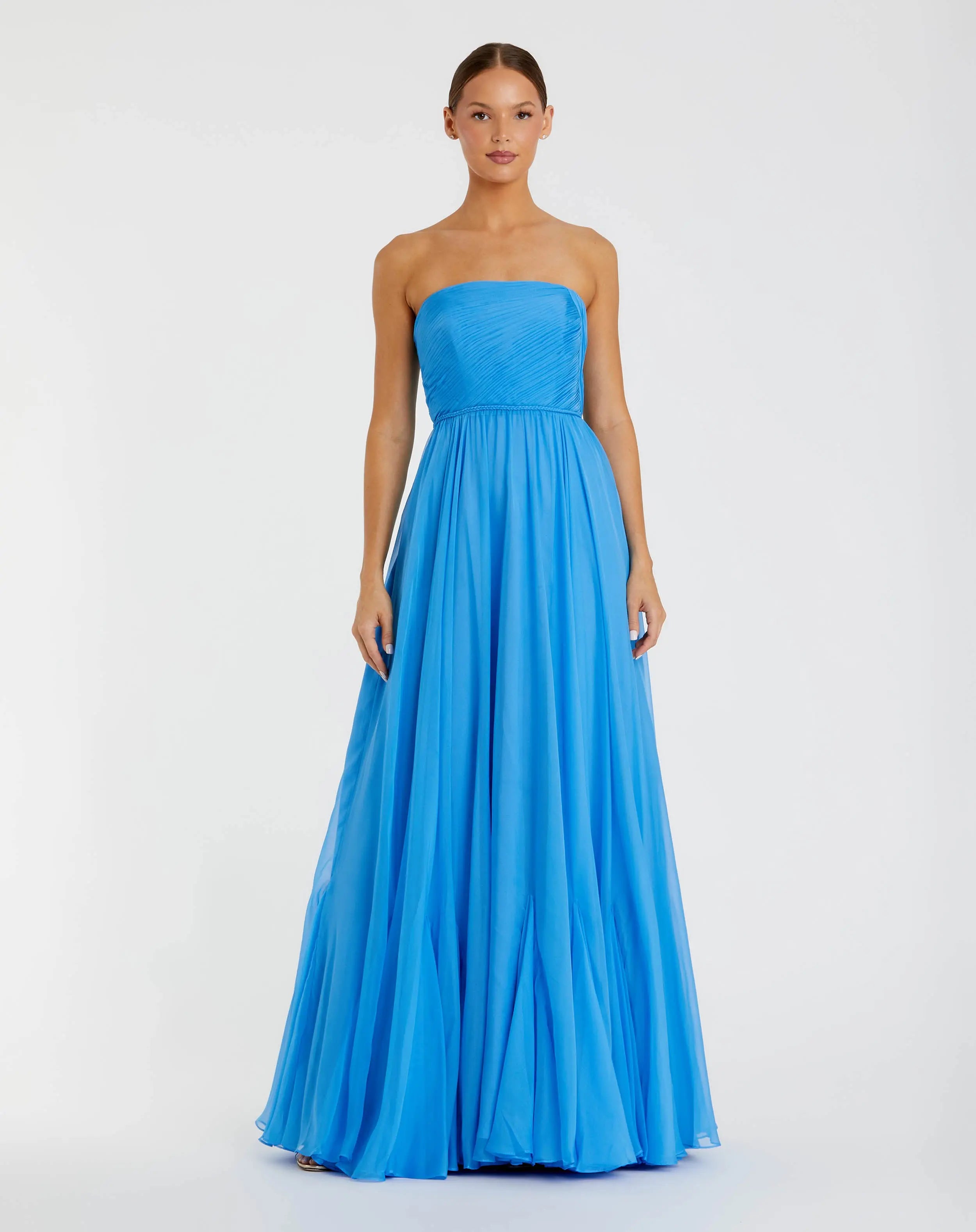 Blue Strapless Chiffon Gown With Braided Belt | Mac Duggal Blue Strapless Chiffon Gown With Braided Belt | Mac Duggal